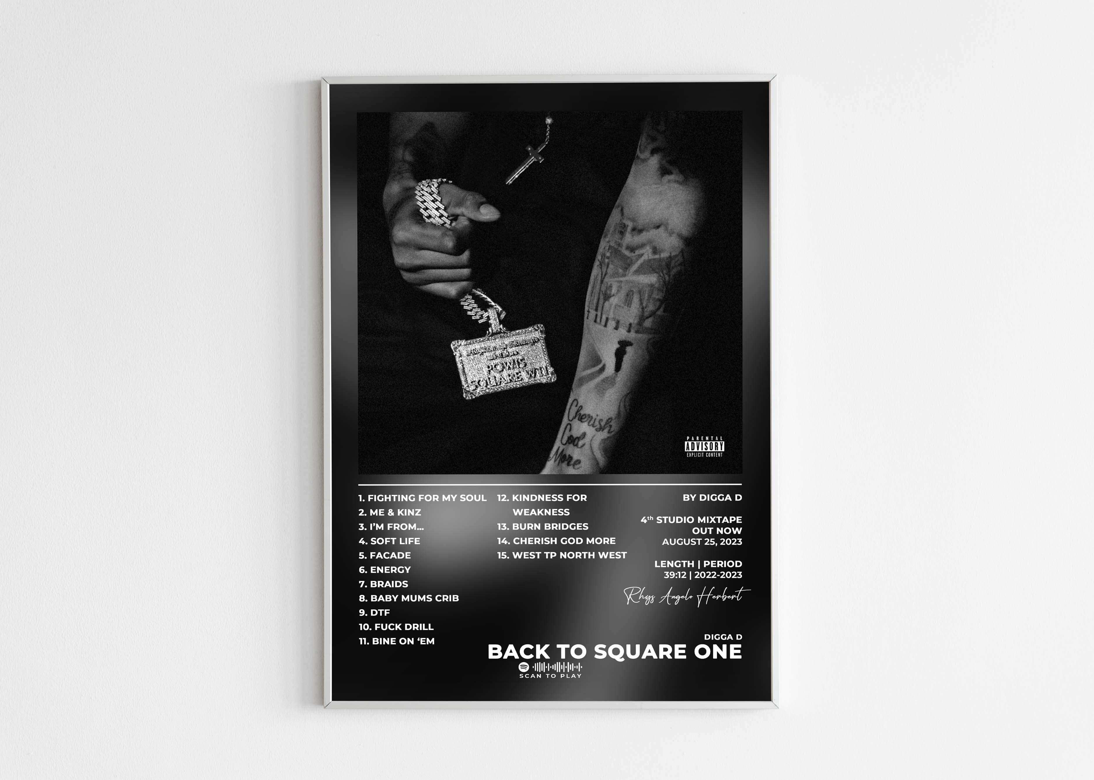Affiche rap album Back to Square One, bras tatoué avec chaîne, fait en France, livraison 48h gratuite, cadeau idéal pour Noel