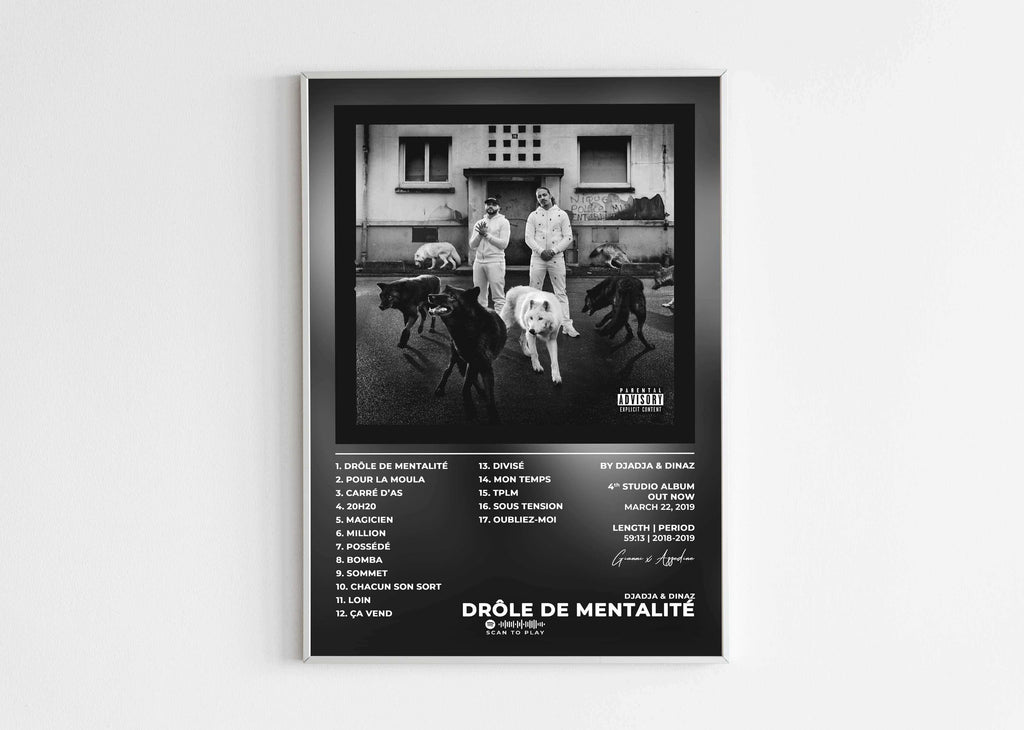 Affiche album Drôle de Mentalité avec deux hommes, loups, fait en France, livraison 48h gratuite, cadeau idéal Noël