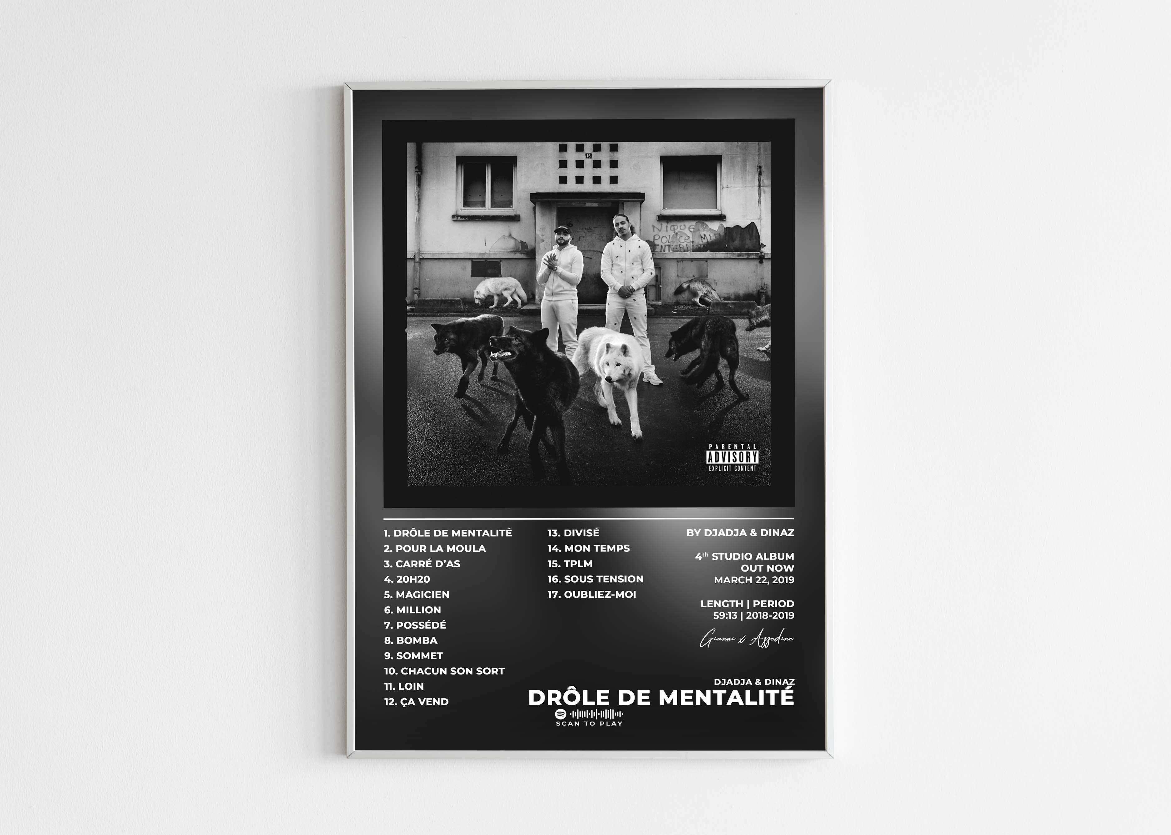 Affiche album Drôle de Mentalité avec deux hommes, loups, fait en France, livraison 48h gratuite, cadeau idéal Noël