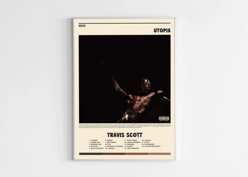Affiche album Travis Scott Utopia encadrée sur mur blanc, fait en France, livraison gratuite 48h, cadeau idéal Noël