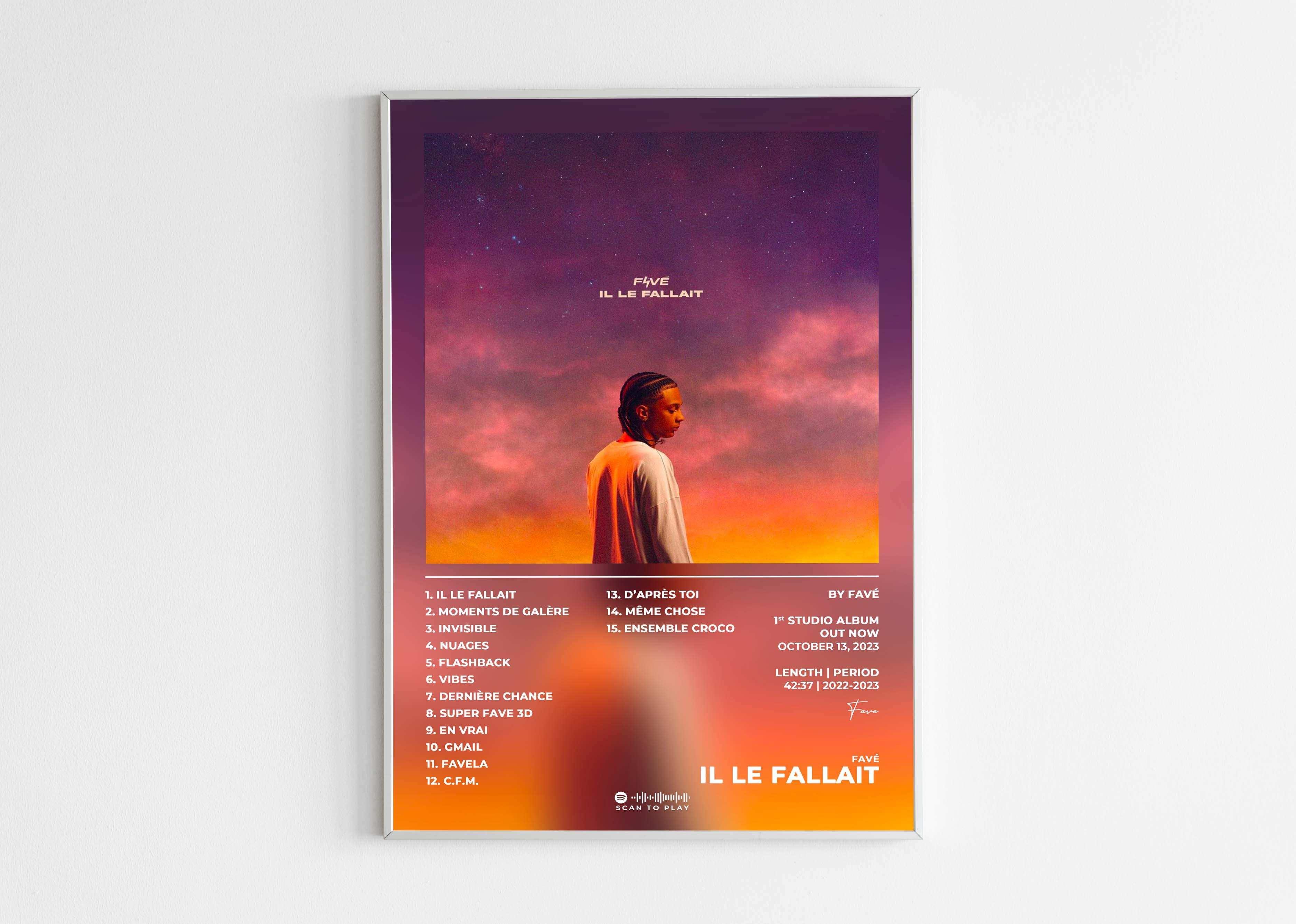Affiche album IL LE FALLAIT, silhouette sur fond coucher de soleil, fait en France, livraison gratuite 48h, cadeau idéal pour Noël.