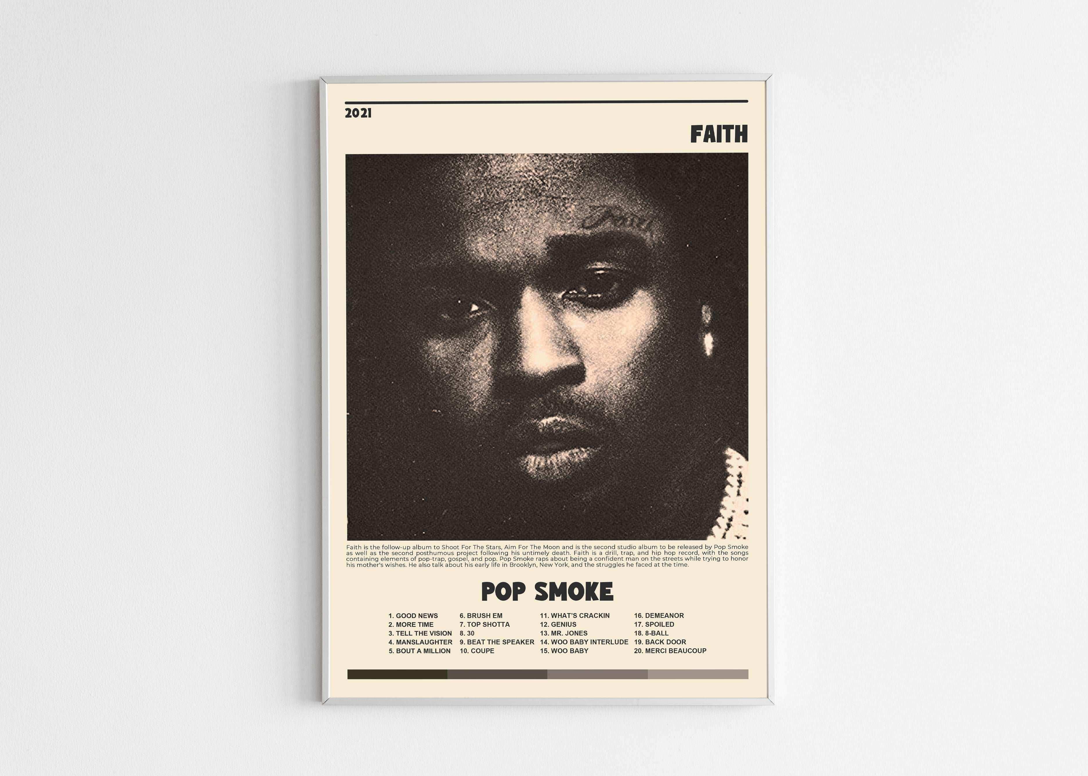 Affiche d'album Pop Smoke encadrée sur mur blanc, fait en France, livraison gratuite 48h, cadeau idéal Noël