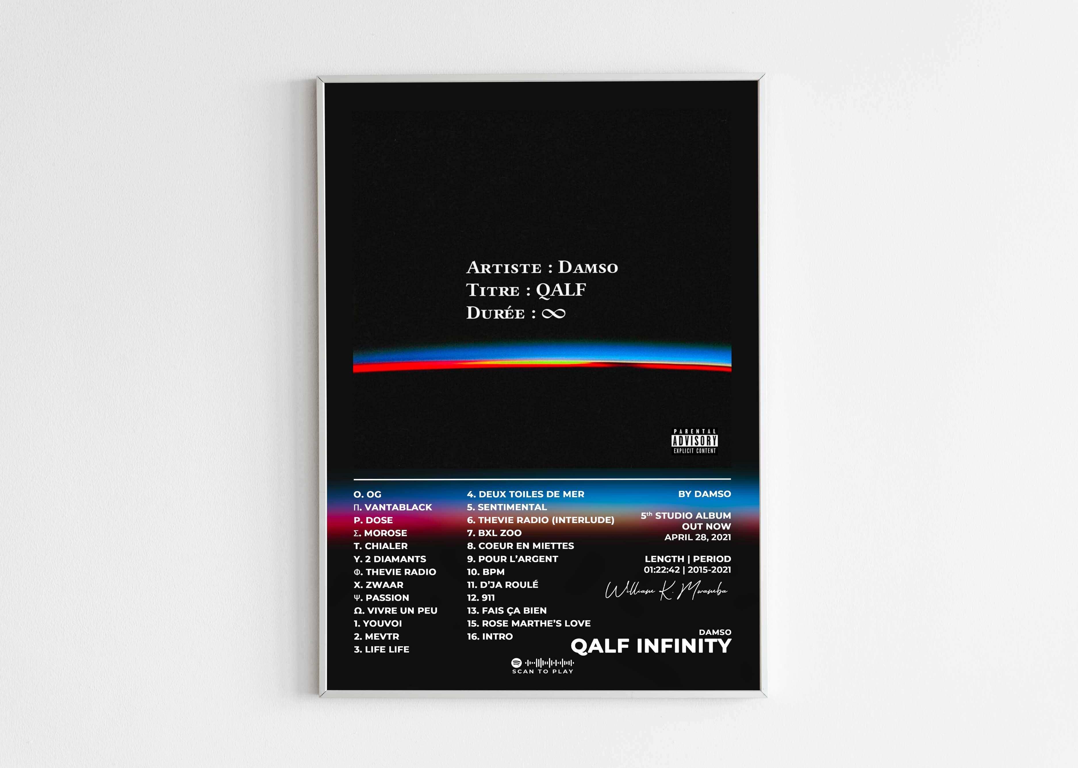 Affiche album Damso QALF accrochée au mur, fait en France, livraison 48h gratuite, cadeau Noël
