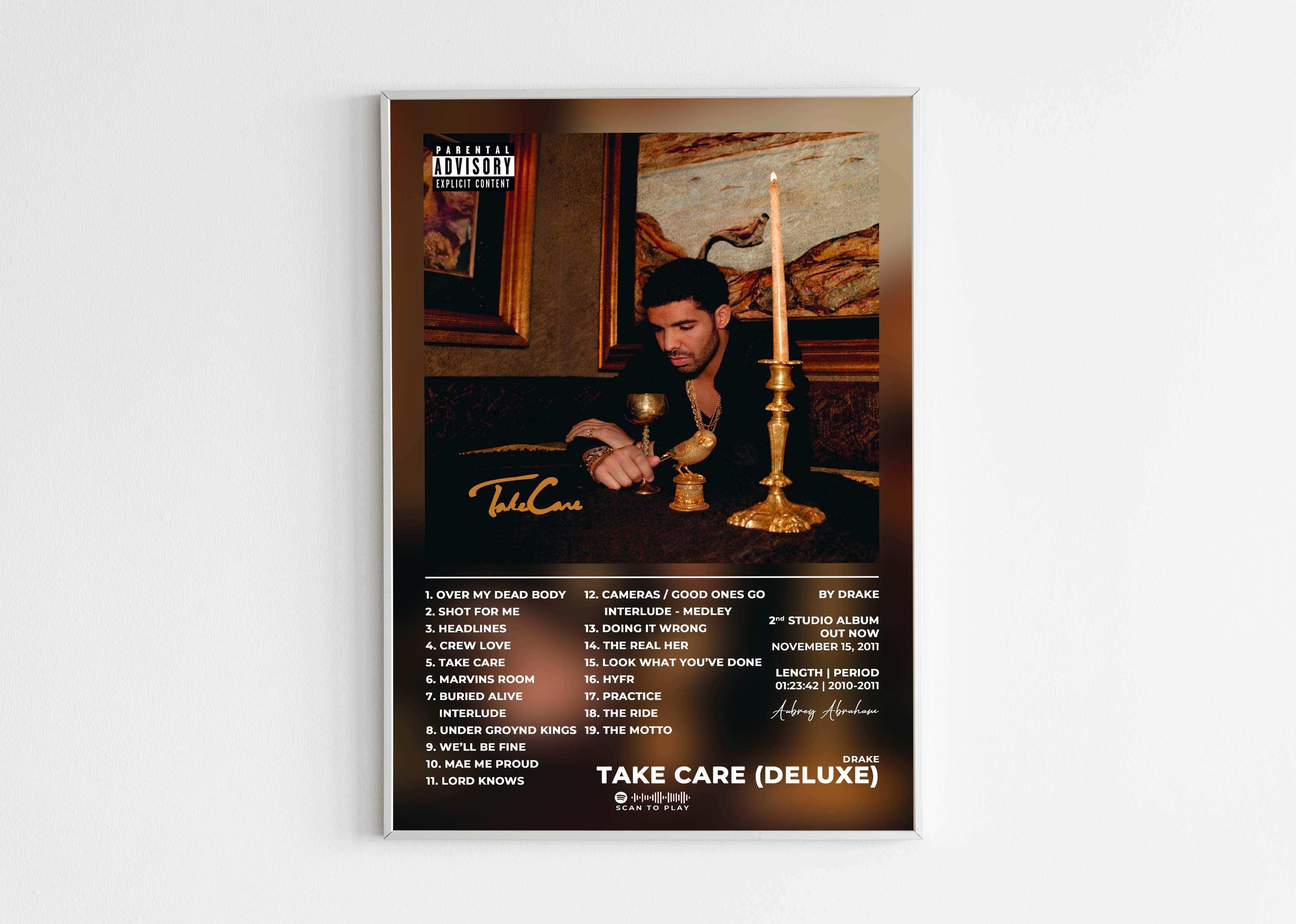 Affiche Take Care album, artiste assis avec chandelier doré, fait en France, livraison 48h gratuite, cadeau idéal Noël