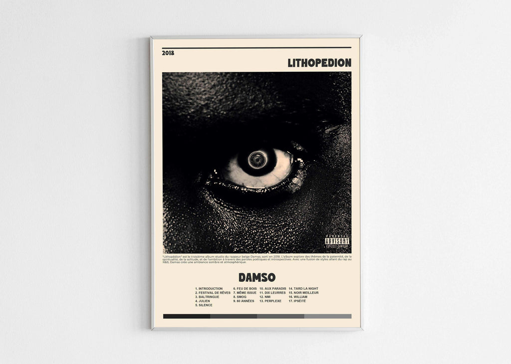 Affiche album Lithopédion Damso accrochée au mur, fait en France, livraison 48h gratuite, cadeau idéal Noël