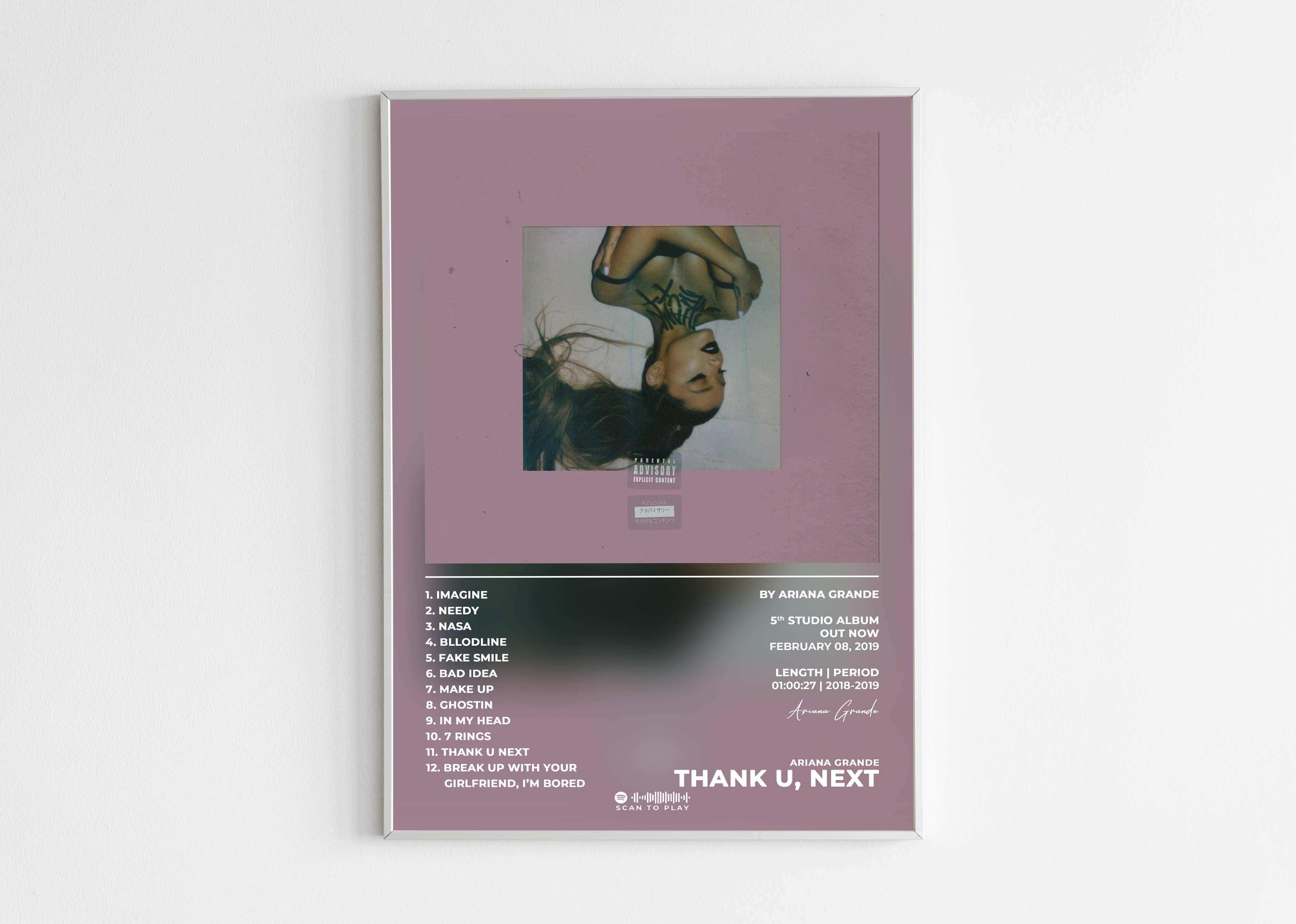 Affiche murale album Ariana Grande Thank U, Next, fait en France, livraison 48h, cadeau Noël idéal