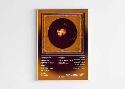 Poster de l'album Sincèrement par Hamza, décoration murale musicale.