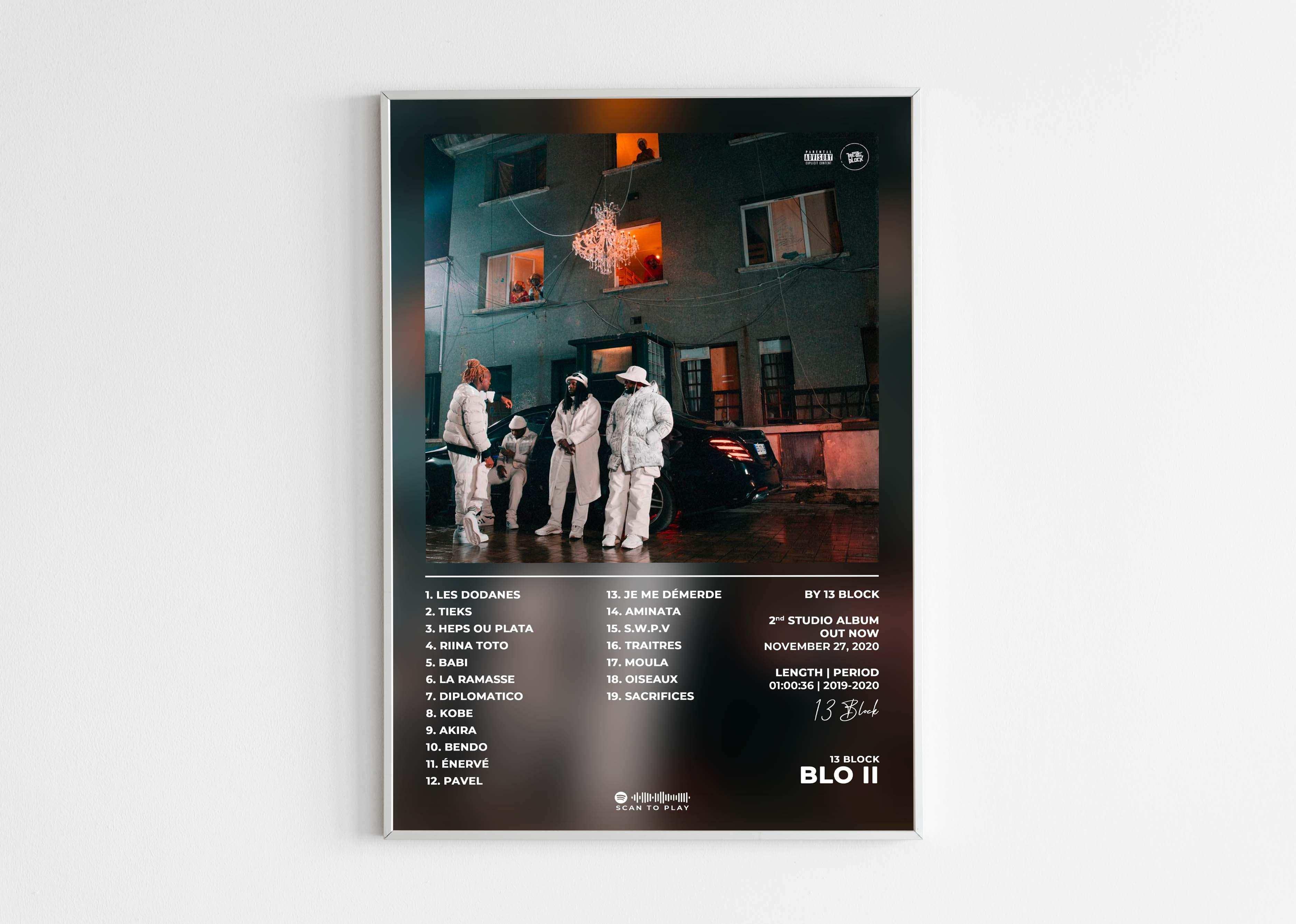 Affiche d’album 13 Block BLO II avec quatre personnes devant un immeuble, fait en France, livraison gratuite 48h, cadeau idéal pour Noël