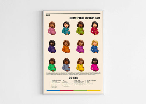 Affiche Drake Certified Lover Boy à emojis femmes enceintes, fait en France, livraison gratuite 48h, cadeau Noël idéal