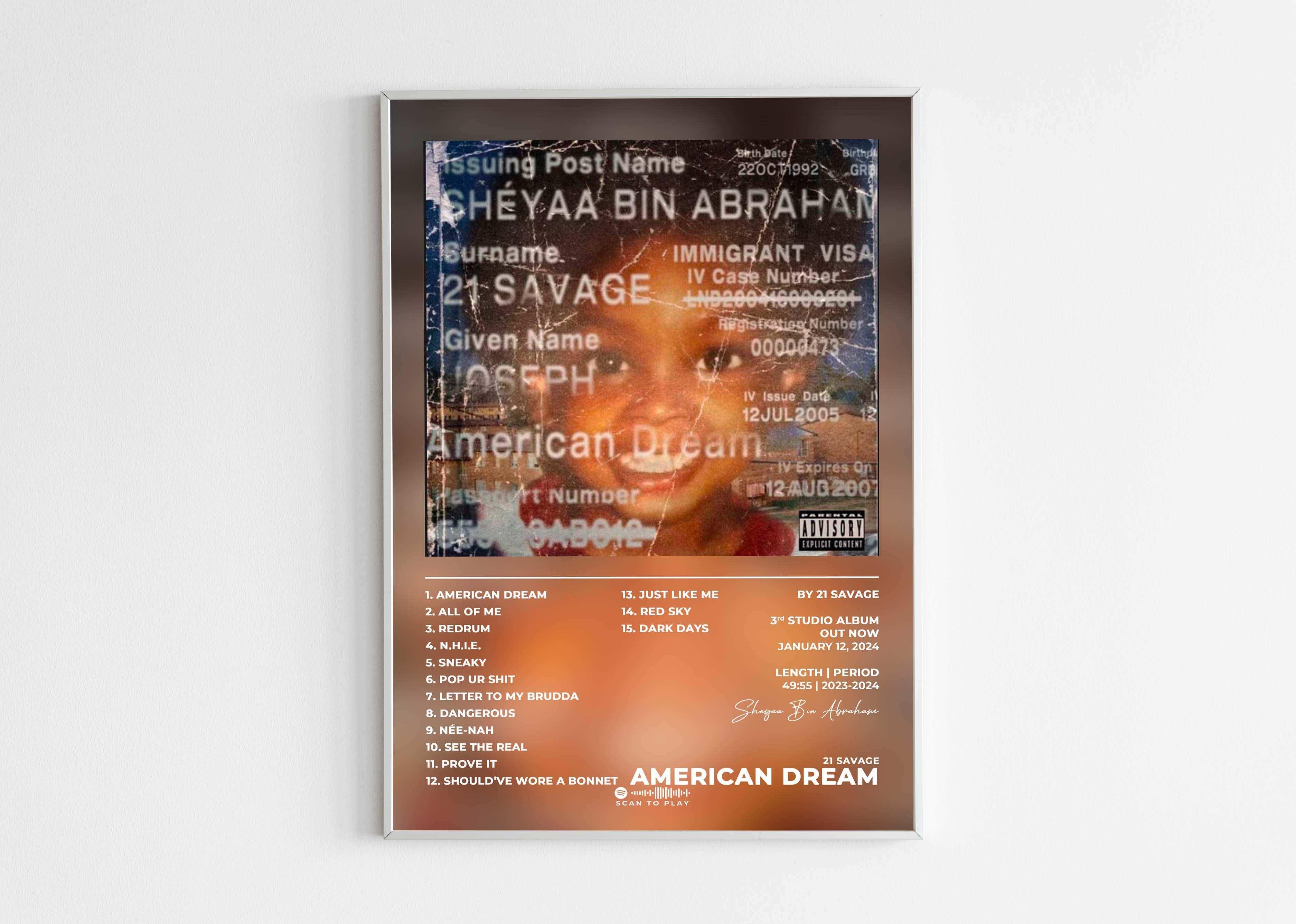 Affiche album 21 Savage American Dream, faite en France, livraison gratuite 48h, cadeau idéal Noël