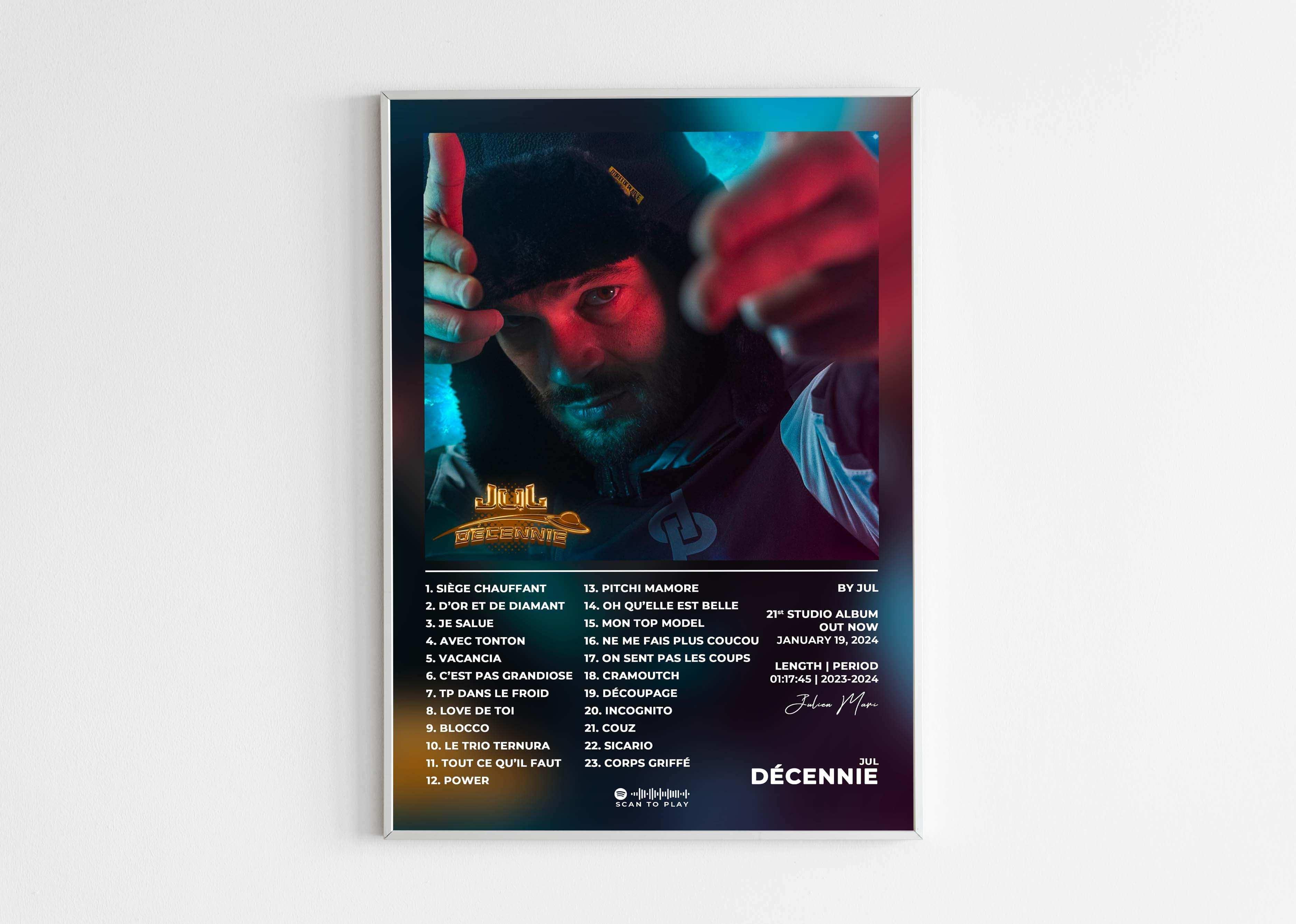 Affiche album musical avec visage d'homme, titres des chansons, fait en France, livraison gratuite 48h, cadeau idéal pour Noël