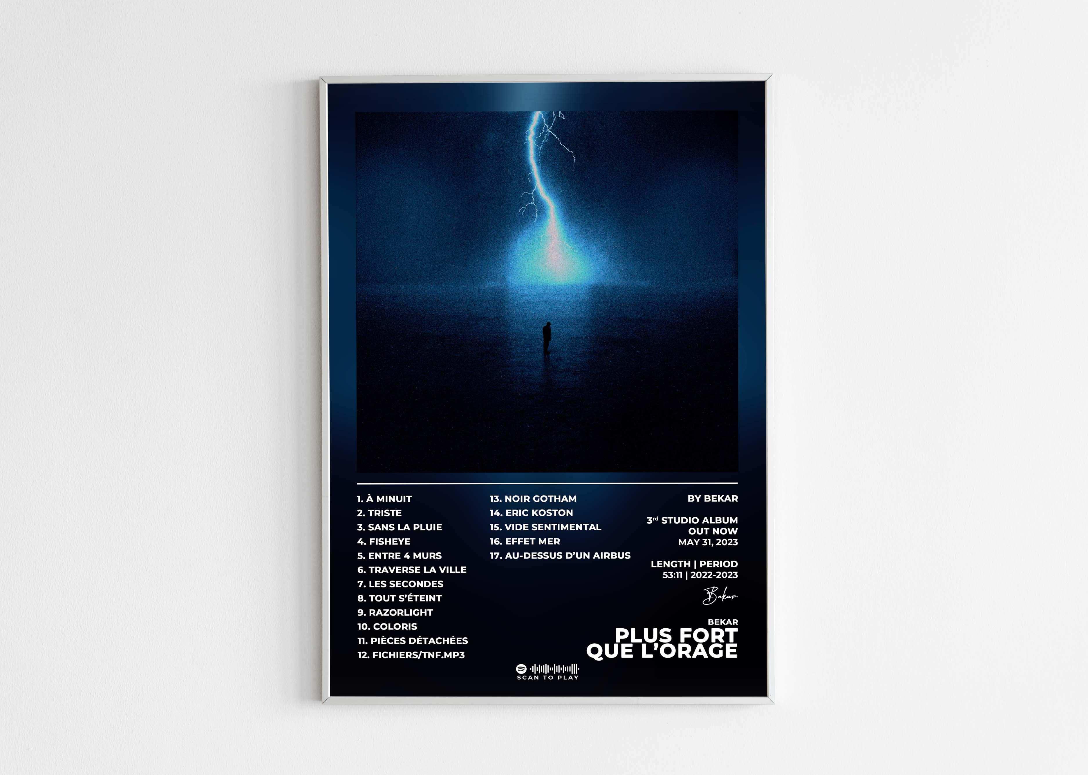 Affiche album Plus Fort Que L'Orage Bekar, foudre sur ciel bleu, fait en France, livraison gratuite 48h, cadeau idéal Noël