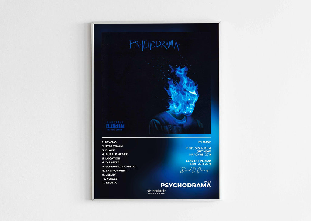 Affiche album Psychodrama, tête en flammes bleues, fait en France, livraison 48h gratuite, cadeau idéal Noël