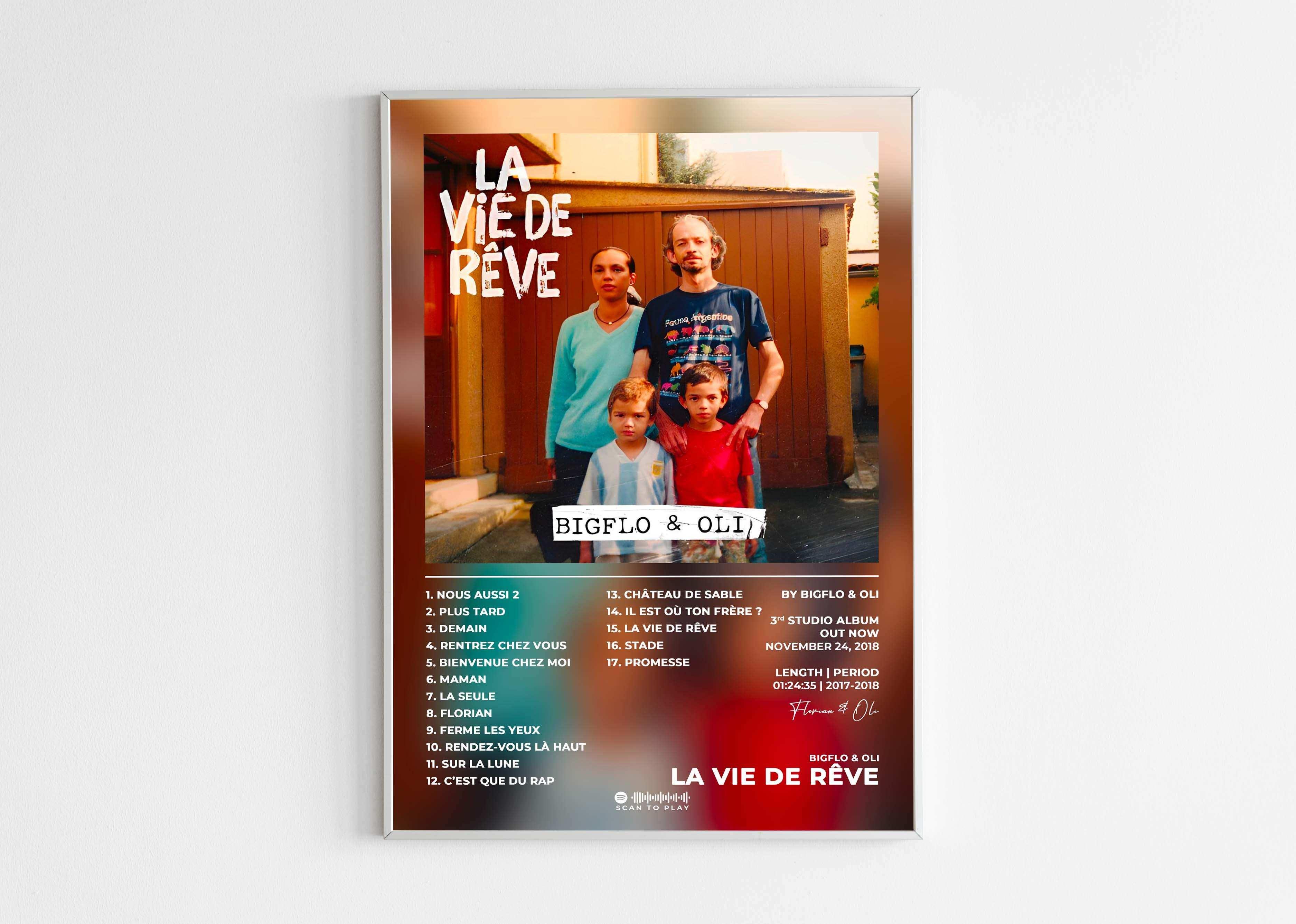 Affiche album Bigflo & Oli La Vie de Rêve, photo de famille, fait en France, livraison gratuite 48h, cadeau idéal Noël