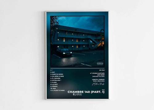 Affiche album musical CHAMBRE 140 posée sur mur blanc, fait en France, livraison gratuite 48h, cadeau Noël idéal