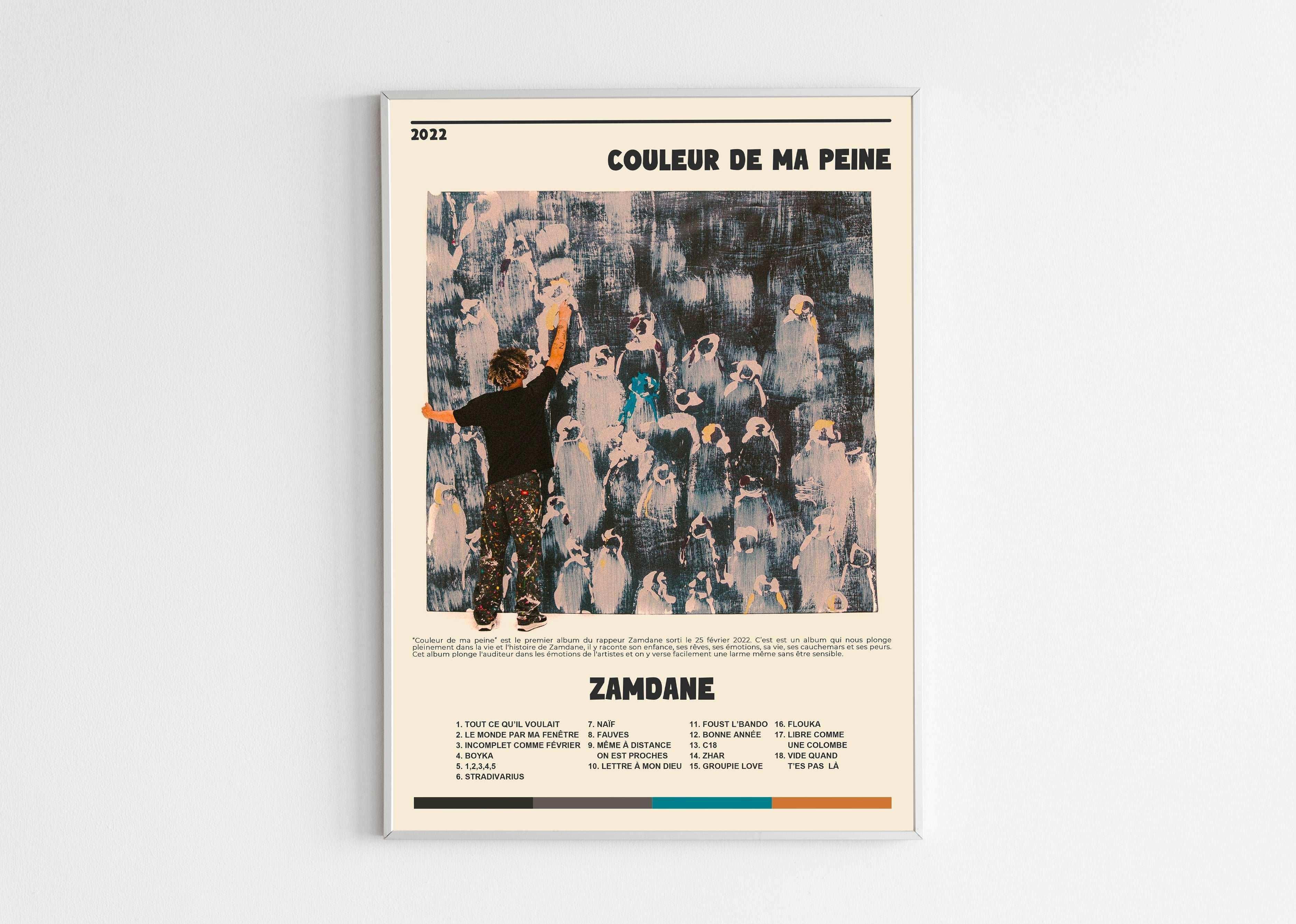 Affiche album Zamdane Couleur de ma peine, fait en France, livraison 48h, cadeau idéal Noël