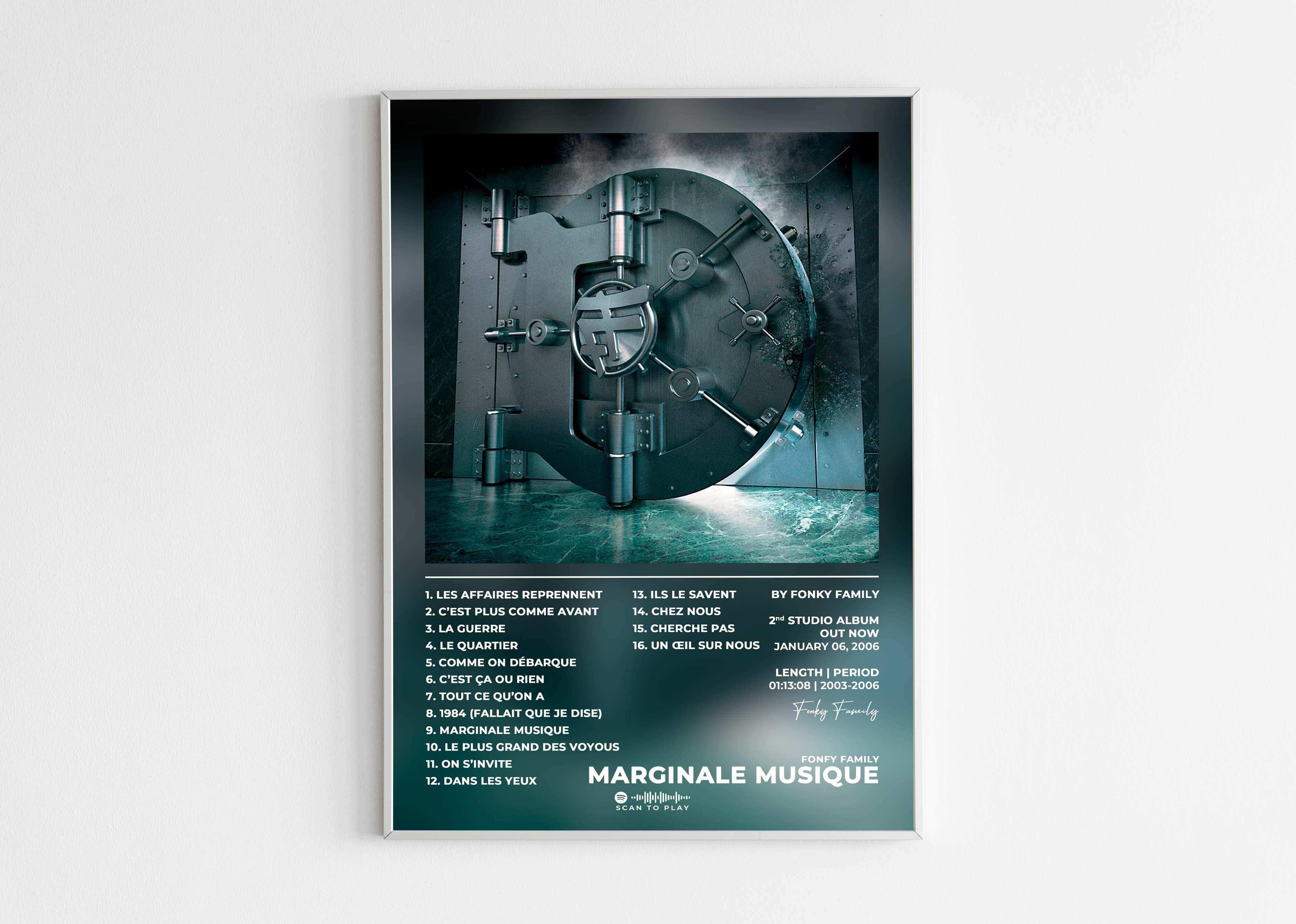 Affiche album Marginale Musique de Fonky Family sur mur blanc, fait en France, livraison gratuite 48h, cadeau idéal pour Noël