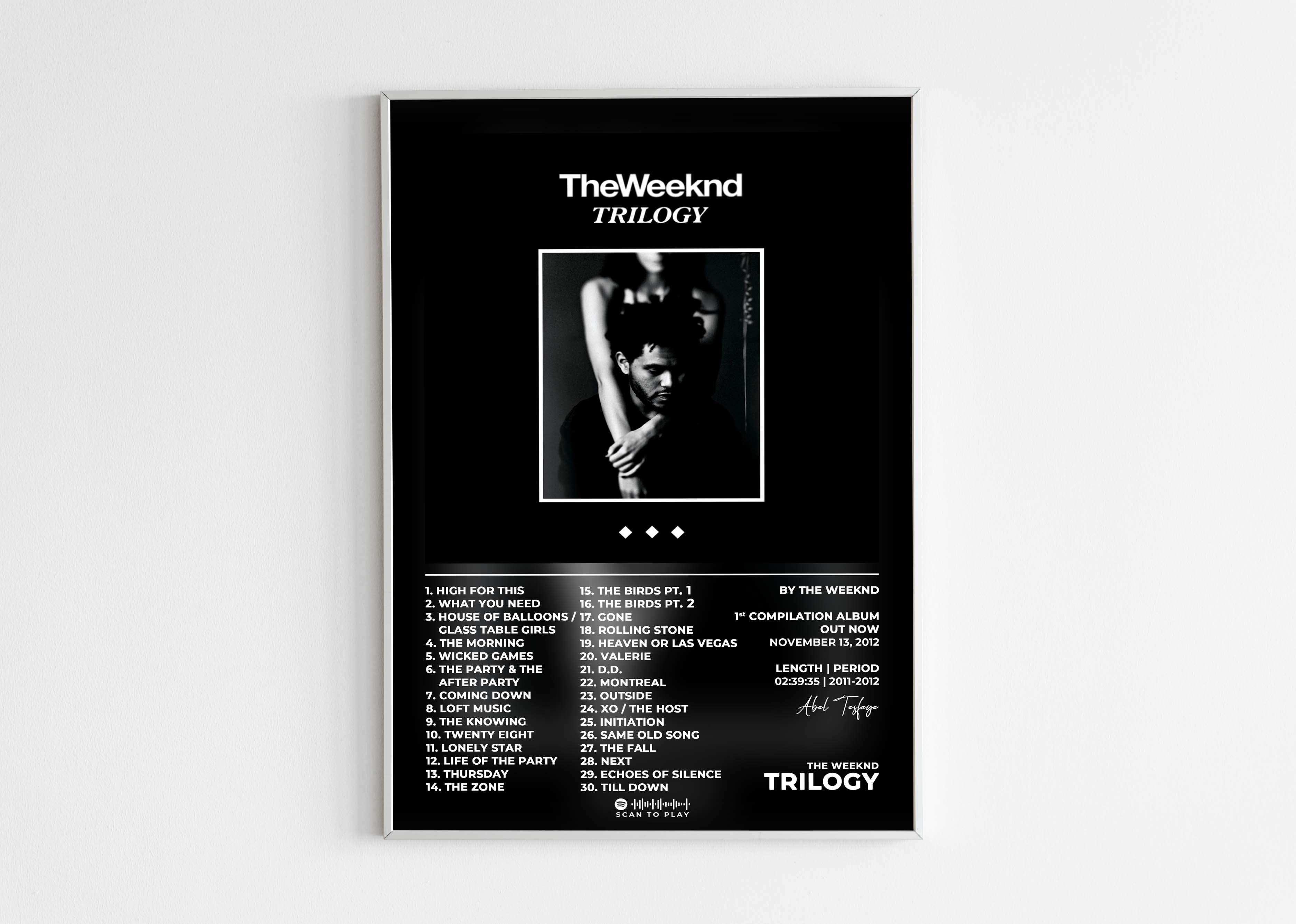 Affiche album The Weeknd Trilogy accrochée au mur, fait en France, livraison gratuite 48h, cadeau Noël idéal