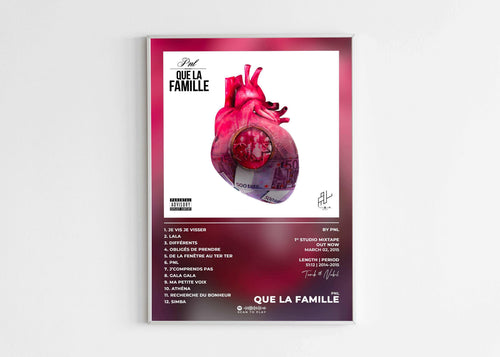 Affiche album PNL Que La Famille avec cœur et billets, fait en France, livraison 48h gratuite, cadeau idéal Noël