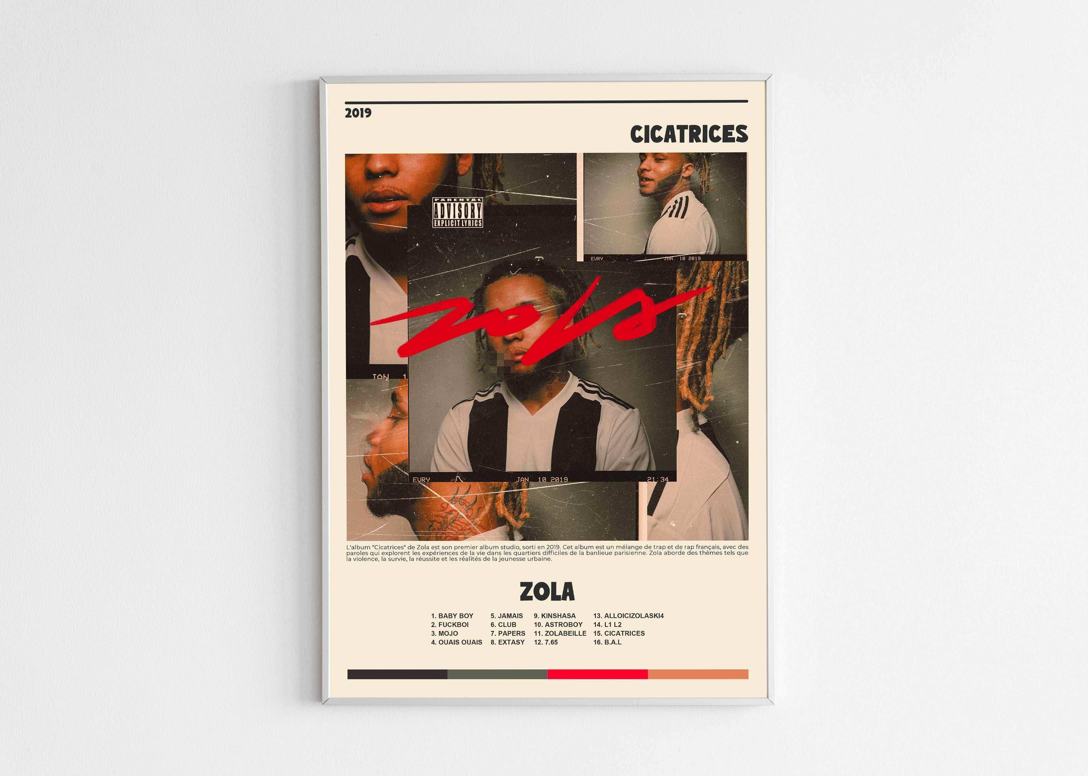 Affiche album Zola Cicatrices, fait en France, livraison gratuite 48h, cadeau idéal Noël
