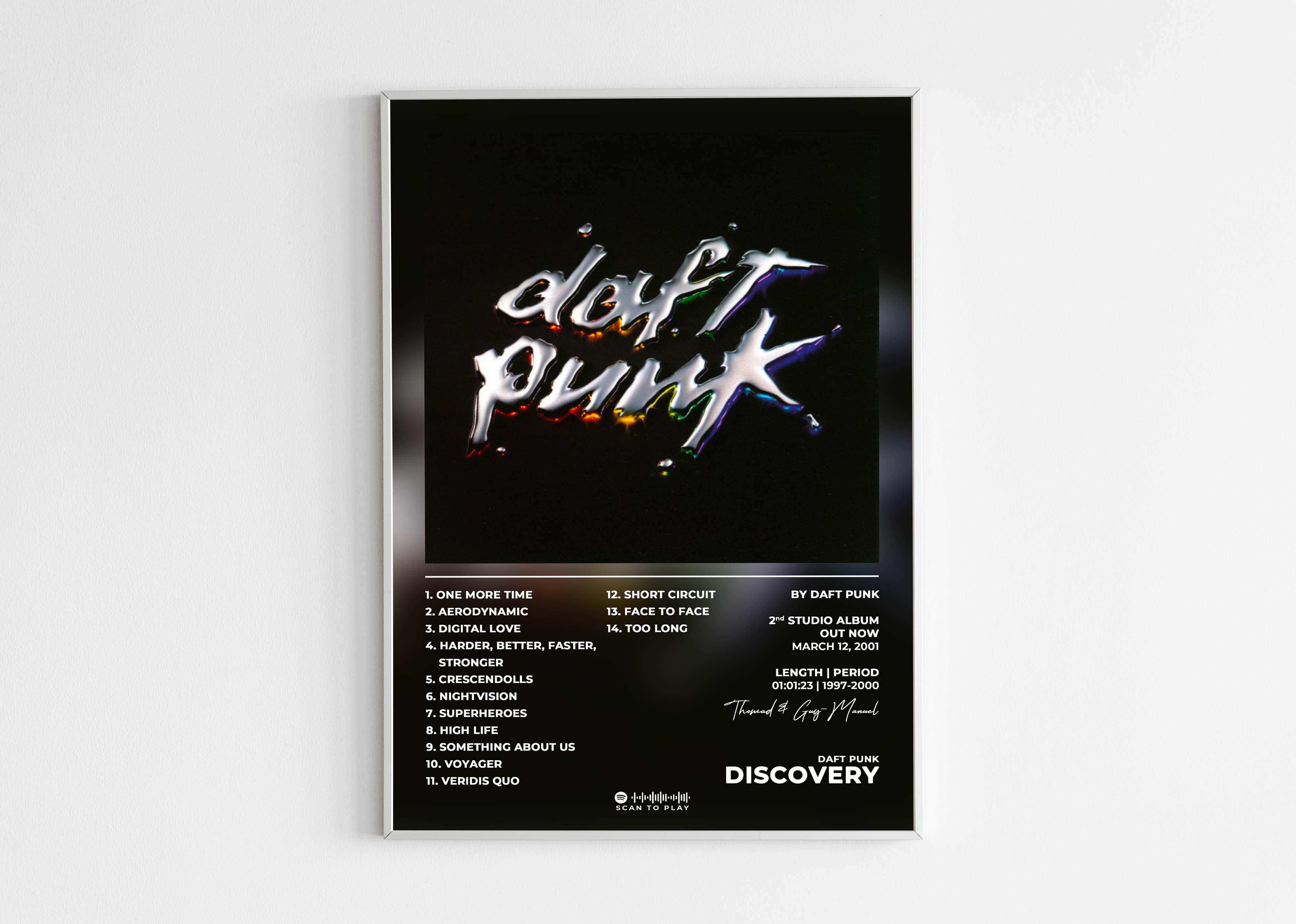 Affiche Daft Punk noir avec logo, titres d’album, fait en France, livraison gratuite 48h, cadeau Noël
