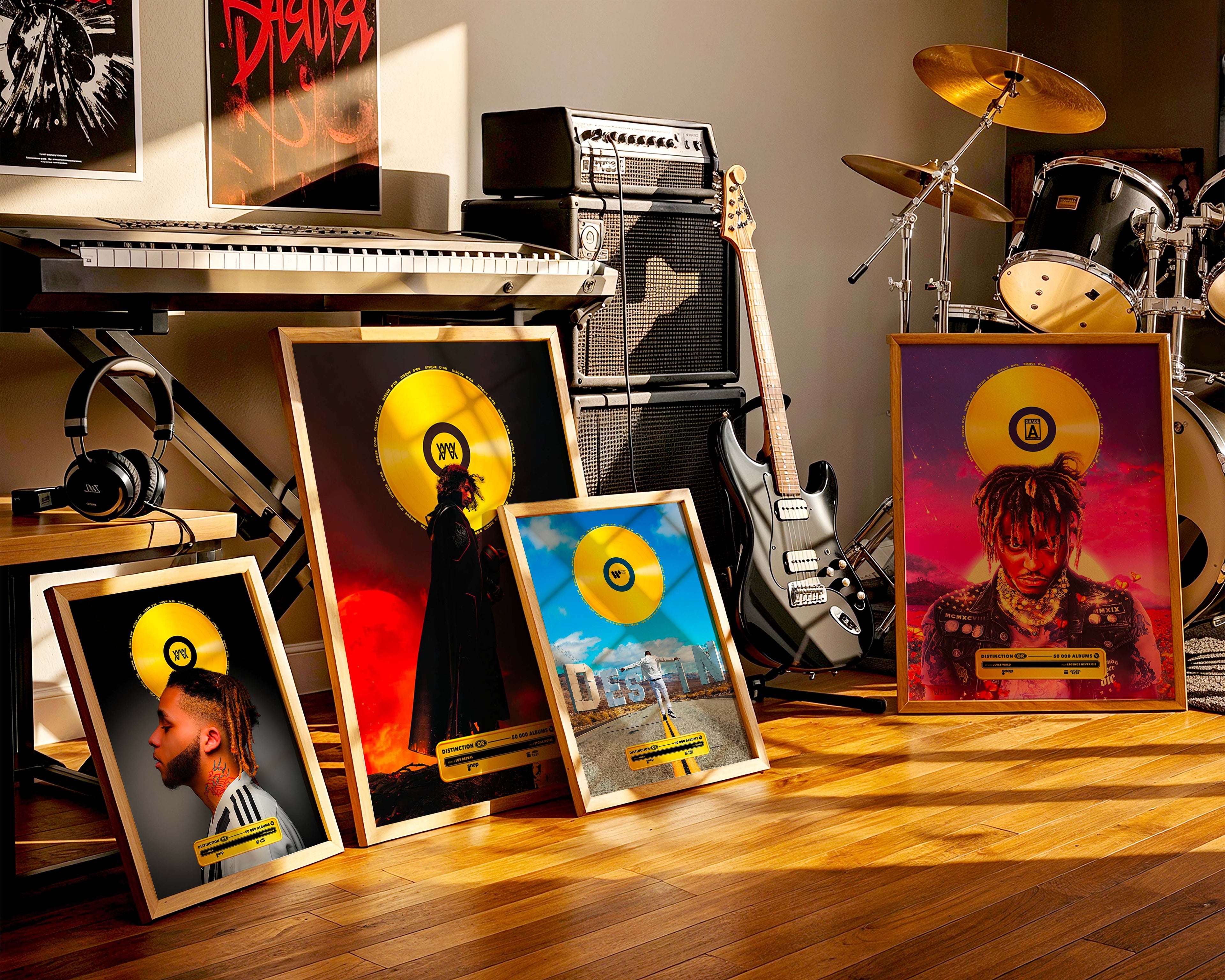 Quatre cadres de disques d'or personnalisés d'artistes musicaux posés sur le sol d'un studio de musique ensoleillé, entourés d'un clavier, d'une guitare électrique et d'une batterie.