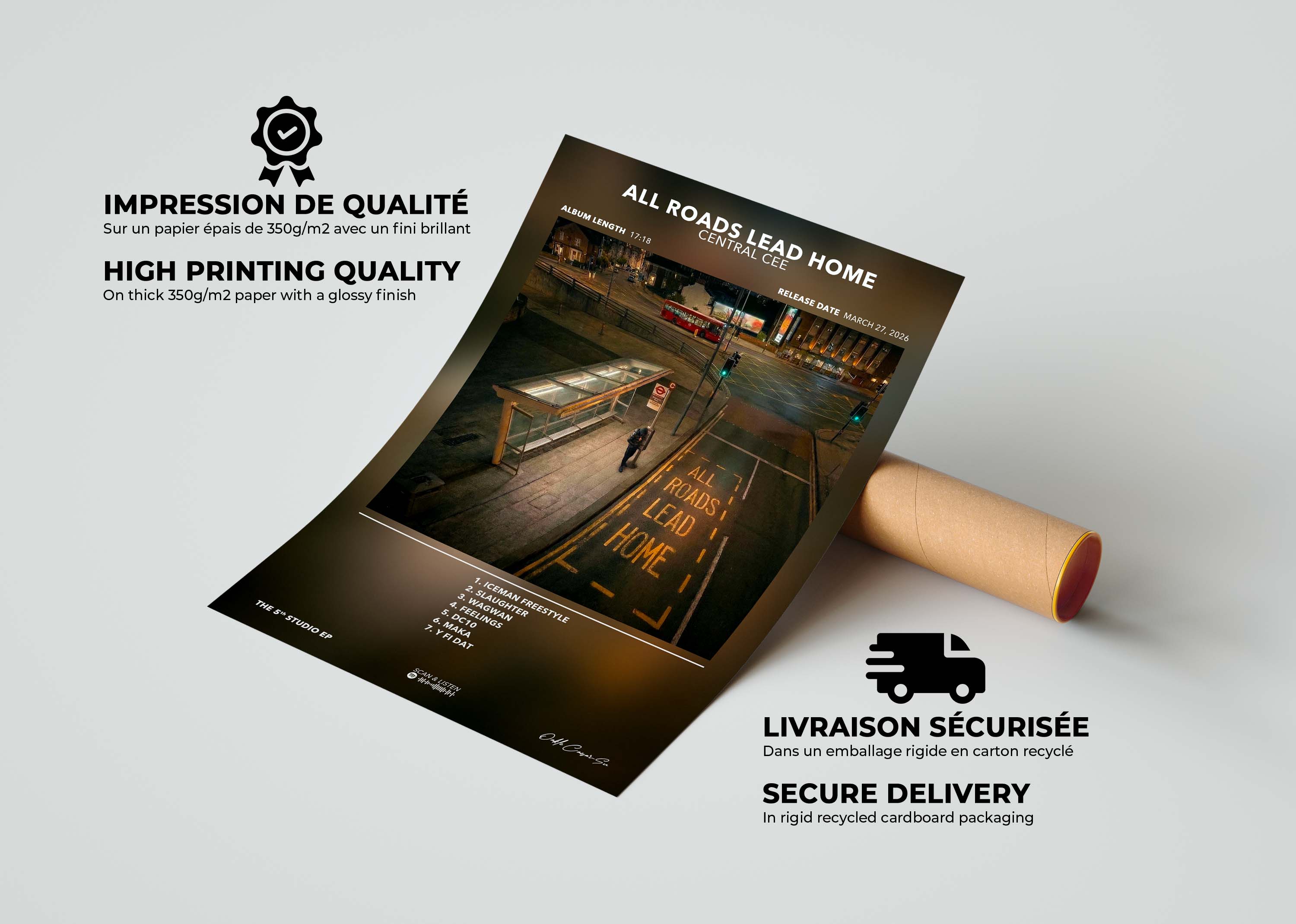 Zoom sur la qualité du papier et le packaging de protection du poster de rap Central Cee All Roads Lead Home.