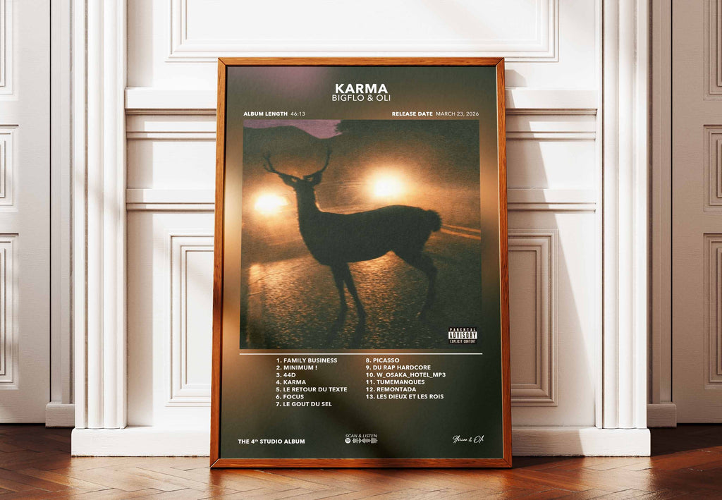 Affiche encadrée Karma de Bigflo et Oli posée contre un mur pour une décoration intérieure colorée et inspirante.