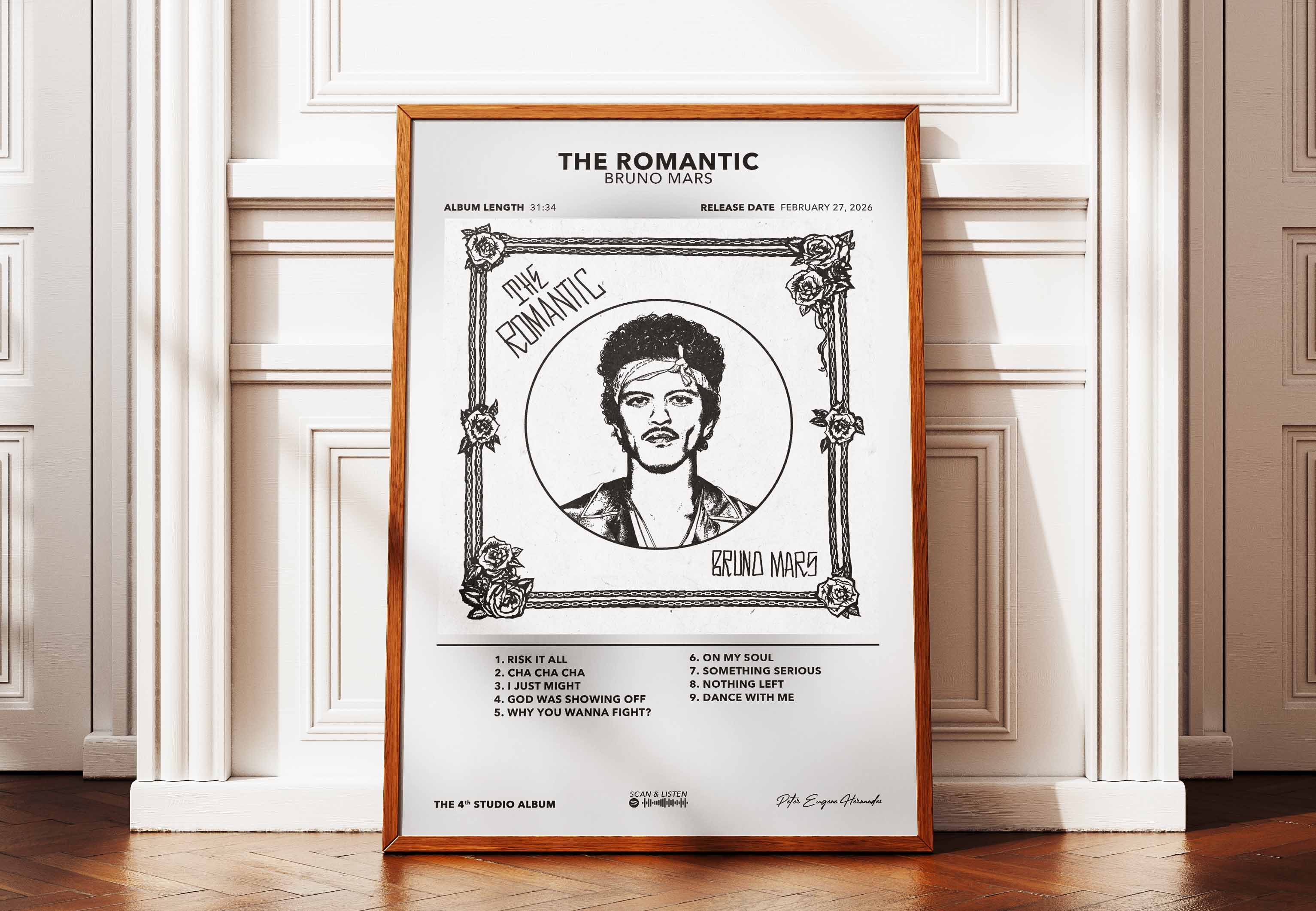 Affiche encadrée de Bruno Mars posée au sol contre un mur pour une décoration intérieure aux influences soul et rétro.