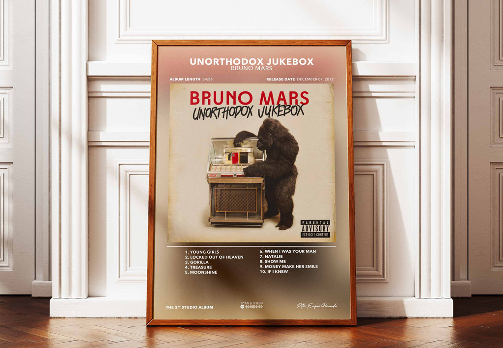 Affiche encadrée Unorthodox Jukebox de Bruno Mars posée au sol contre un mur pour une décoration intérieure vintage et musicale.