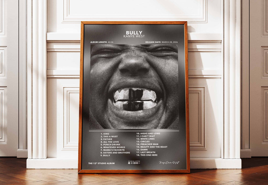 Affiche encadrée Bully de Kanye West posée contre un mur sombre pour une ambiance studio et street.