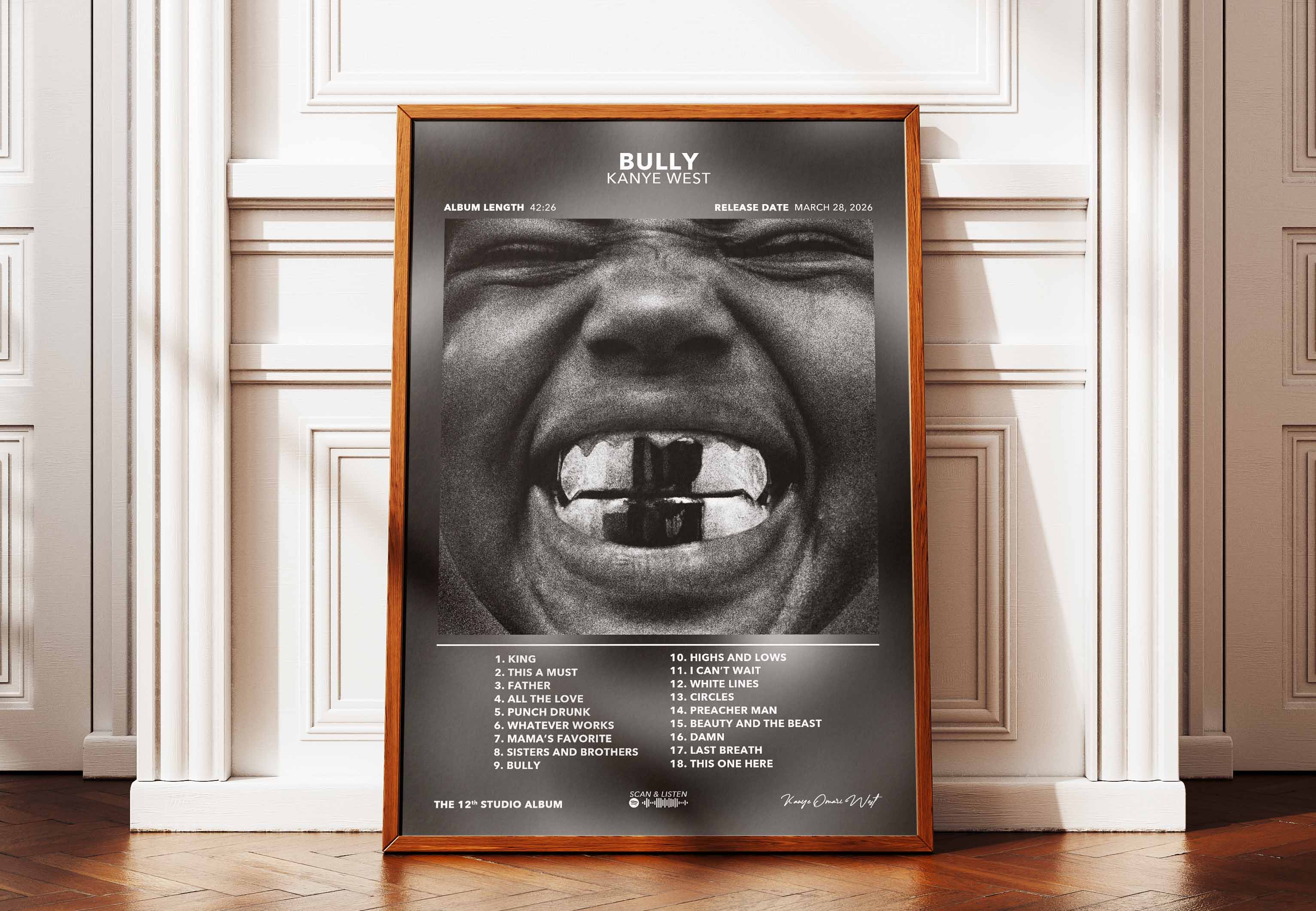 Affiche encadrée Bully de Kanye West posée contre un mur sombre pour une ambiance studio et street.