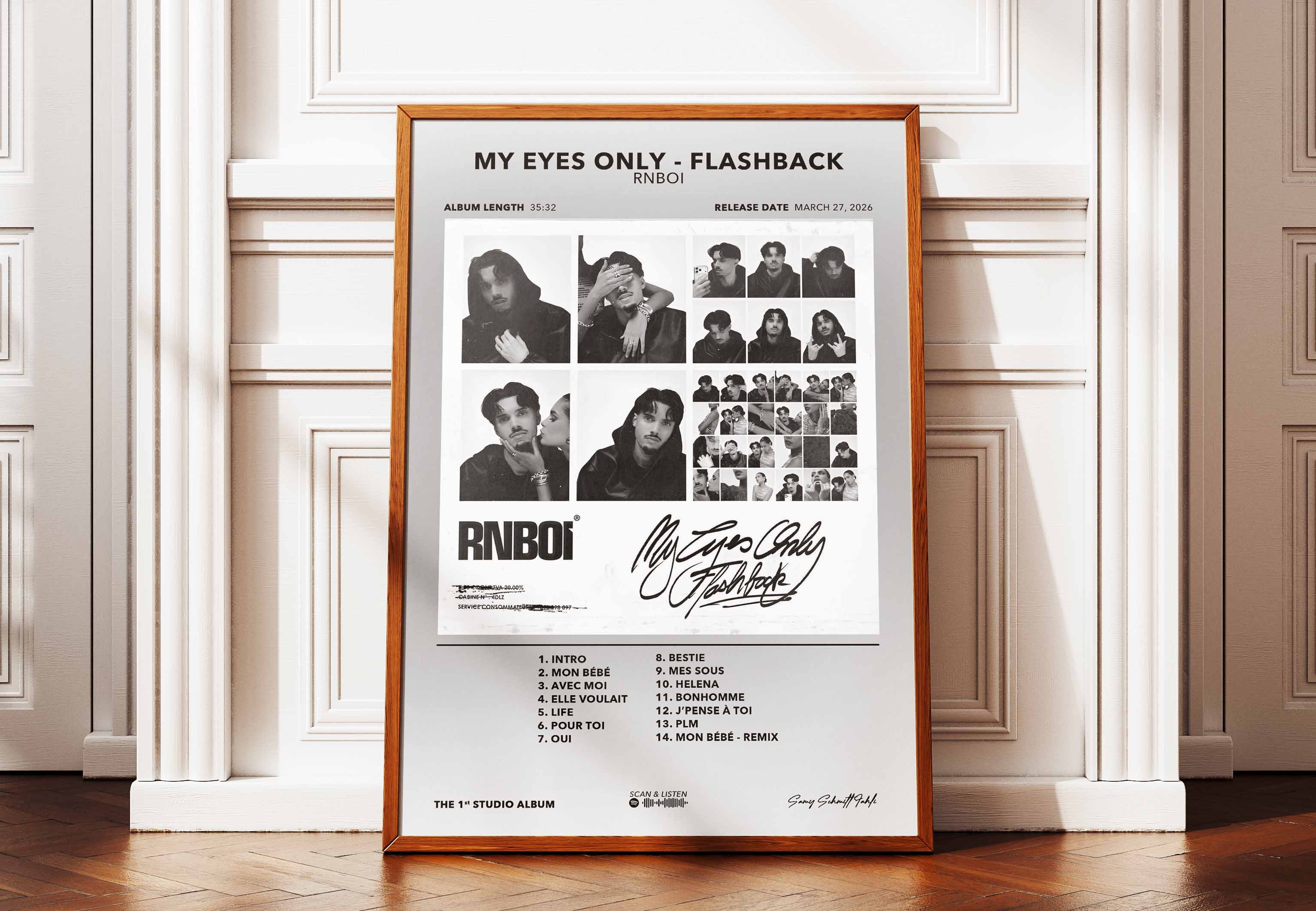 Affiche encadrée de RnBoi My Eyes Only posée contre un mur pour une décoration intérieure ambiance chill et nocturne.