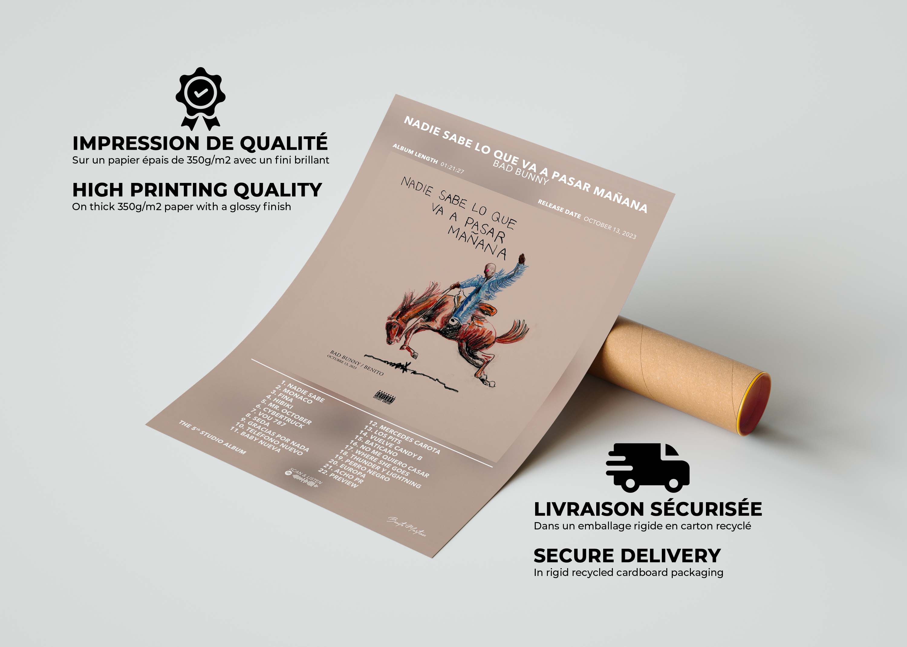 Zoom sur la qualité d'impression du poster de l'album de Bad Bunny avec son tube d'expédition sécurisé pour la livraison.