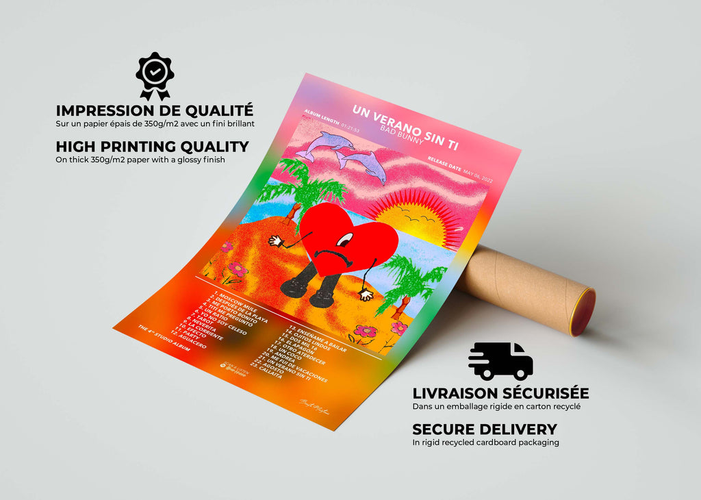 Zoom sur les couleurs vives du poster Un Verano Sin Ti de Bad Bunny à côté de son tube d'expédition de protection.