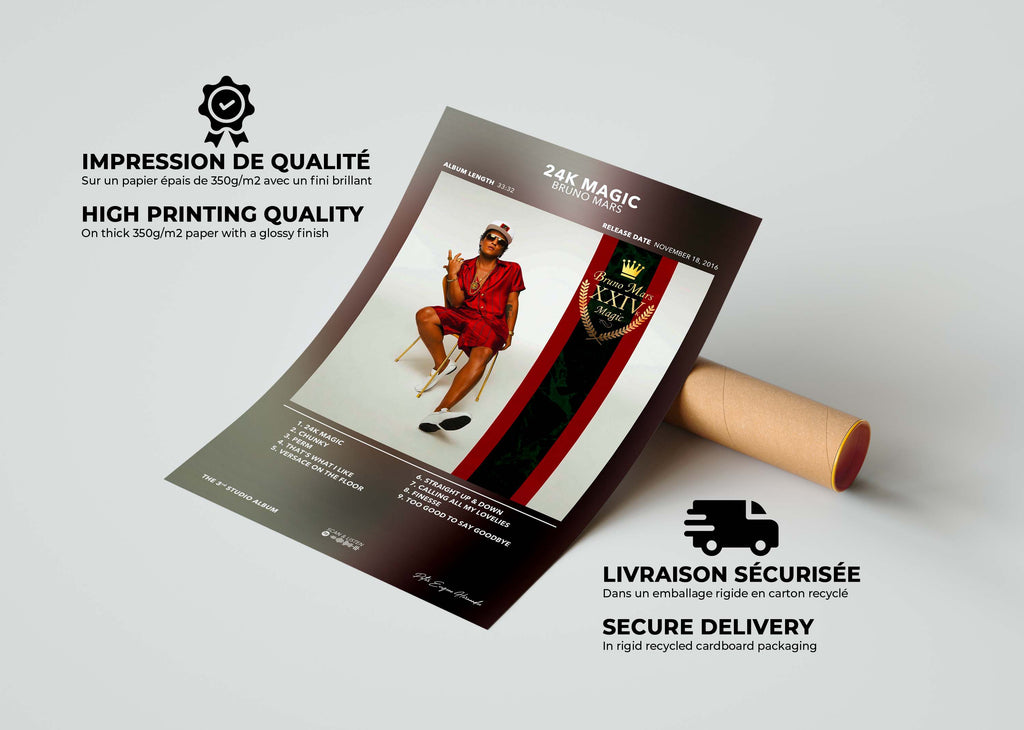 Zoom sur les couleurs vibrantes du poster 24K Magic de Bruno Mars à côté de son emballage de protection renforcé.