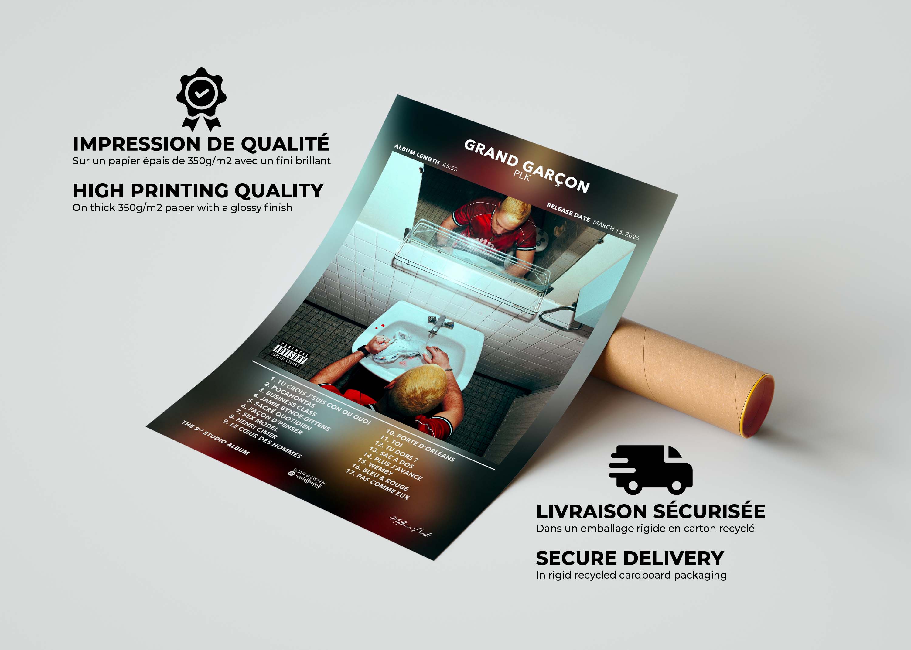 Zoom sur les caractéristiques du poster PLK Grand Cru à côté de son emballage de protection pour la livraison.