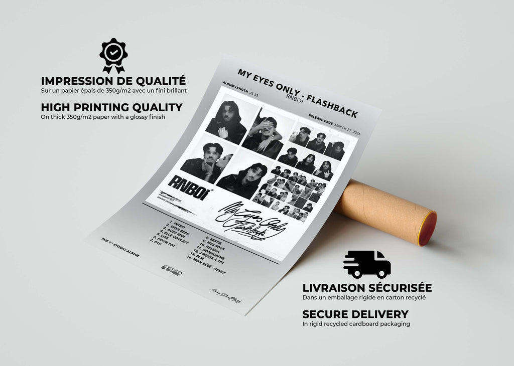 Gros plan sur la qualité d'impression du poster RnBoi My Eyes Only à côté de son tube d'expédition sécurisé.