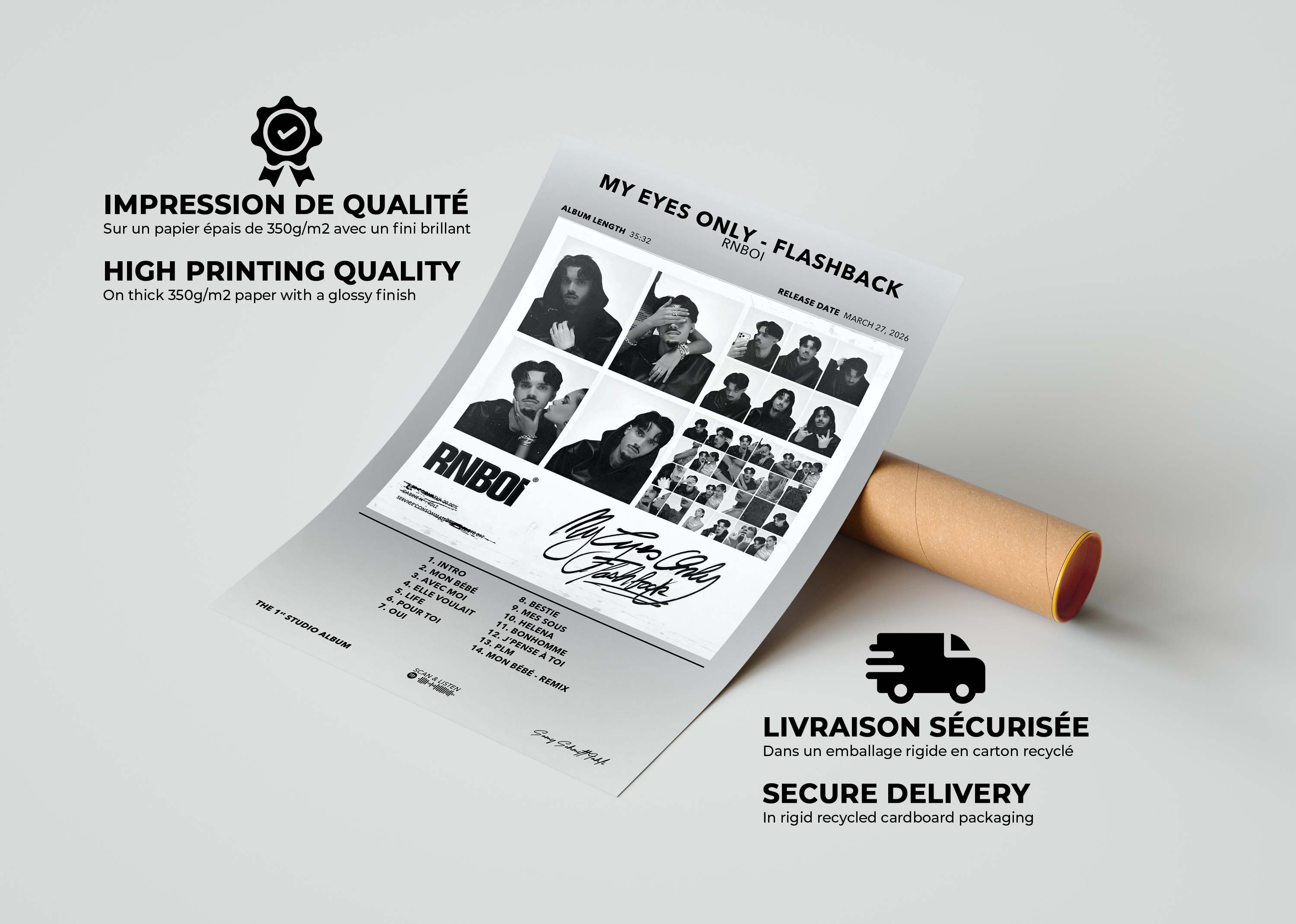 Gros plan sur la qualité d'impression du poster RnBoi My Eyes Only à côté de son tube d'expédition sécurisé.