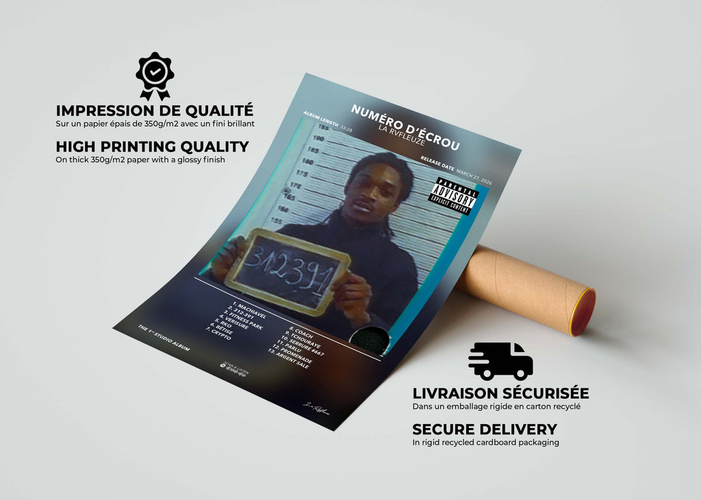 Gros plan sur les finitions du poster La Rvfleuze de Numéro d'Écrou avec son packaging de protection renforcé.