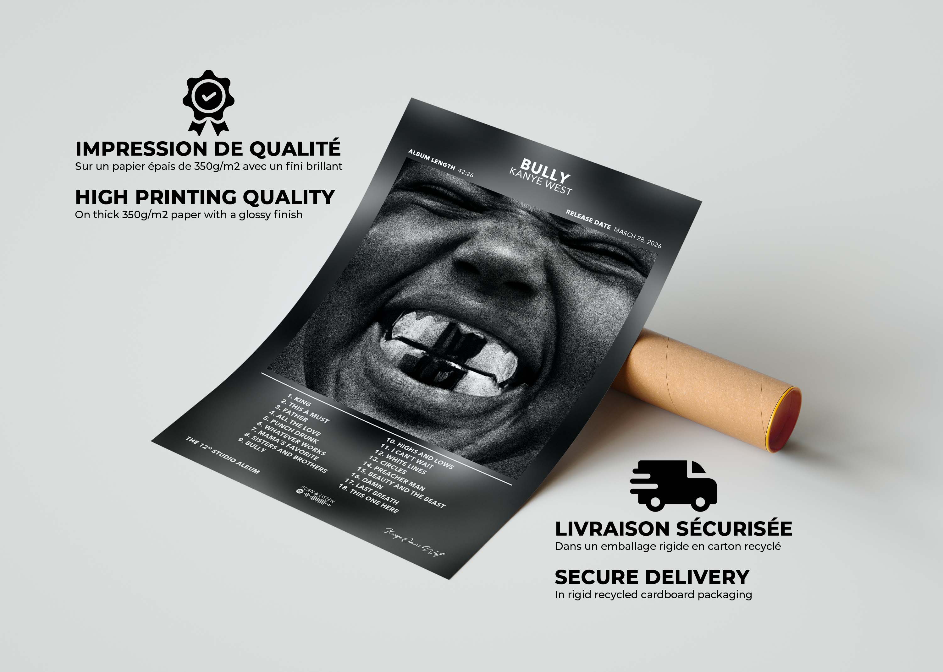 Présentation du poster de Kanye West Bully avec son emballage sécurisé et focus sur la texture du papier premium.