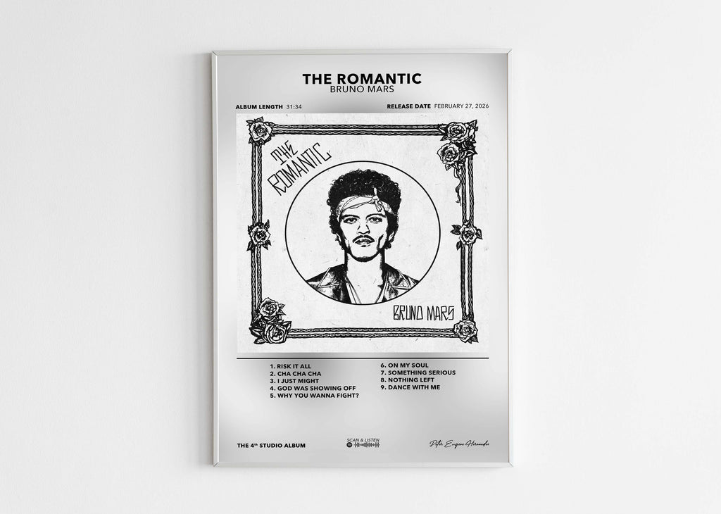 Poster collector de Bruno Mars "The Romantic" avec un cadre noir minimaliste sur un fond blanc épuré.