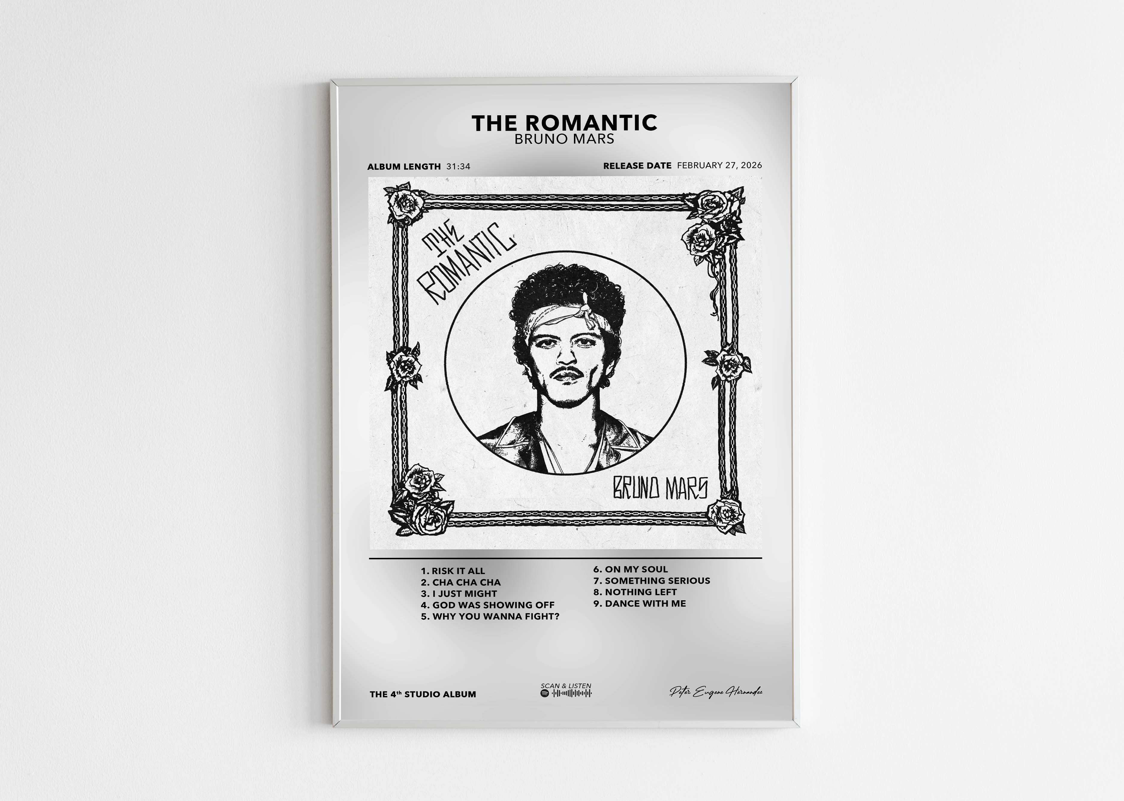 Poster collector de Bruno Mars "The Romantic" avec un cadre noir minimaliste sur un fond blanc épuré.