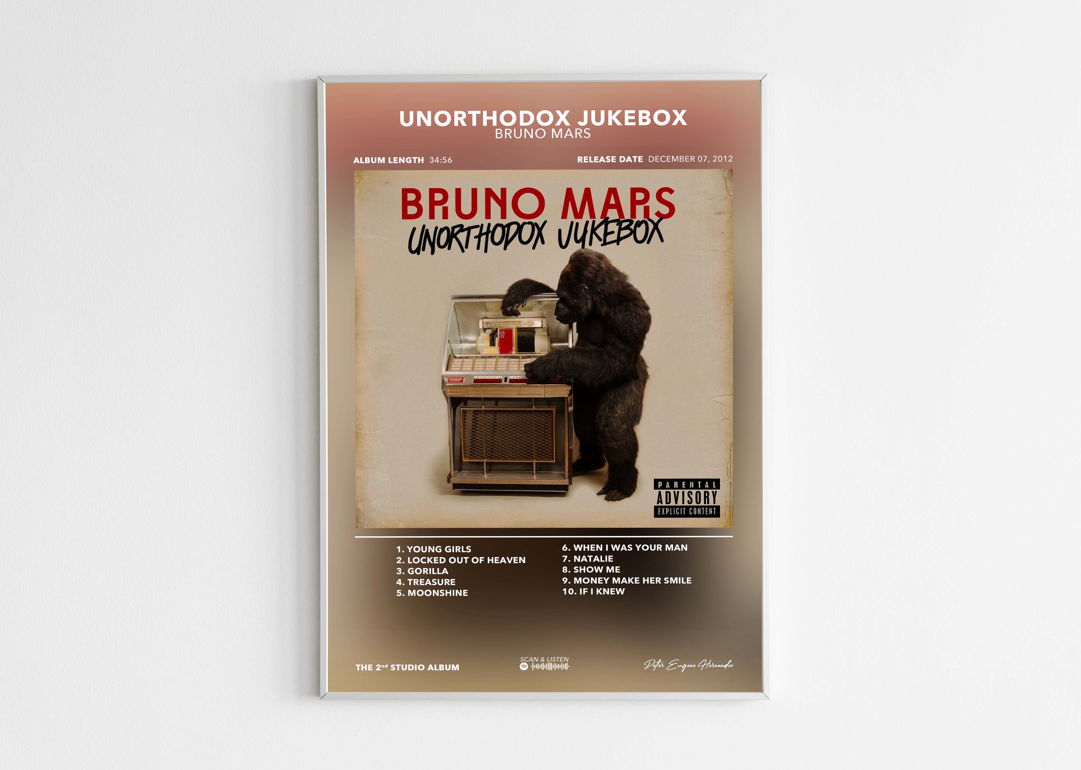 Poster de l'album Unorthodox Jukebox de Bruno Mars avec un cadre noir moderne présenté sur un fond blanc épuré.