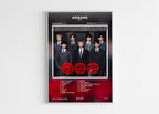 Poster officiel de l'album Arirang de BTS avec un cadre noir moderne sur fond blanc épuré.