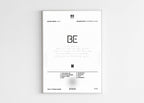 Poster de l'album BE de BTS avec un cadre noir moderne présenté sur un fond blanc épuré.