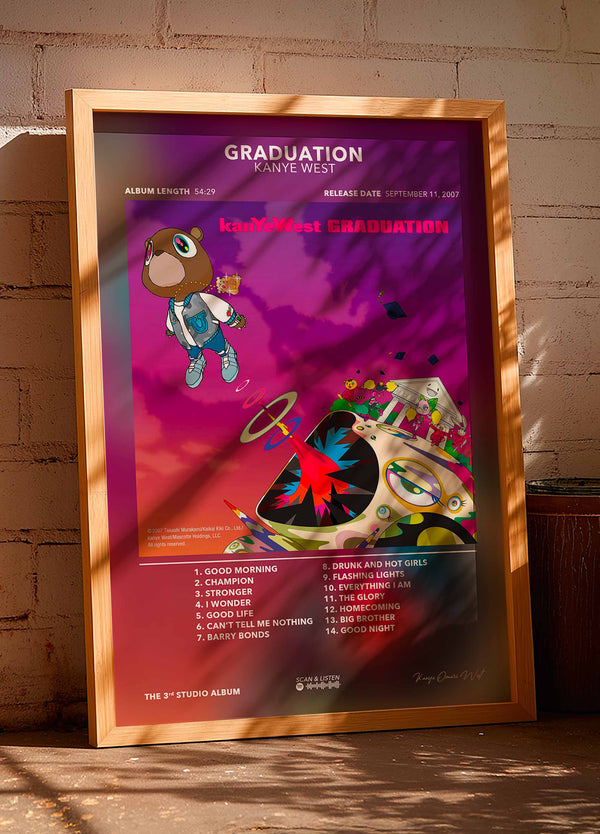 poster graduation de kanye west encadré et posé contre un mur