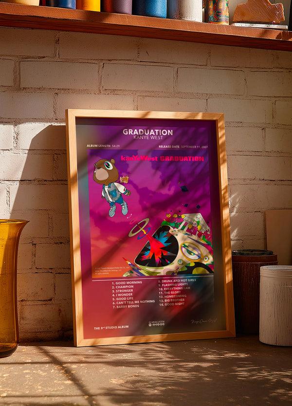 poster graduation de kanye west encadré et posé contre un mur