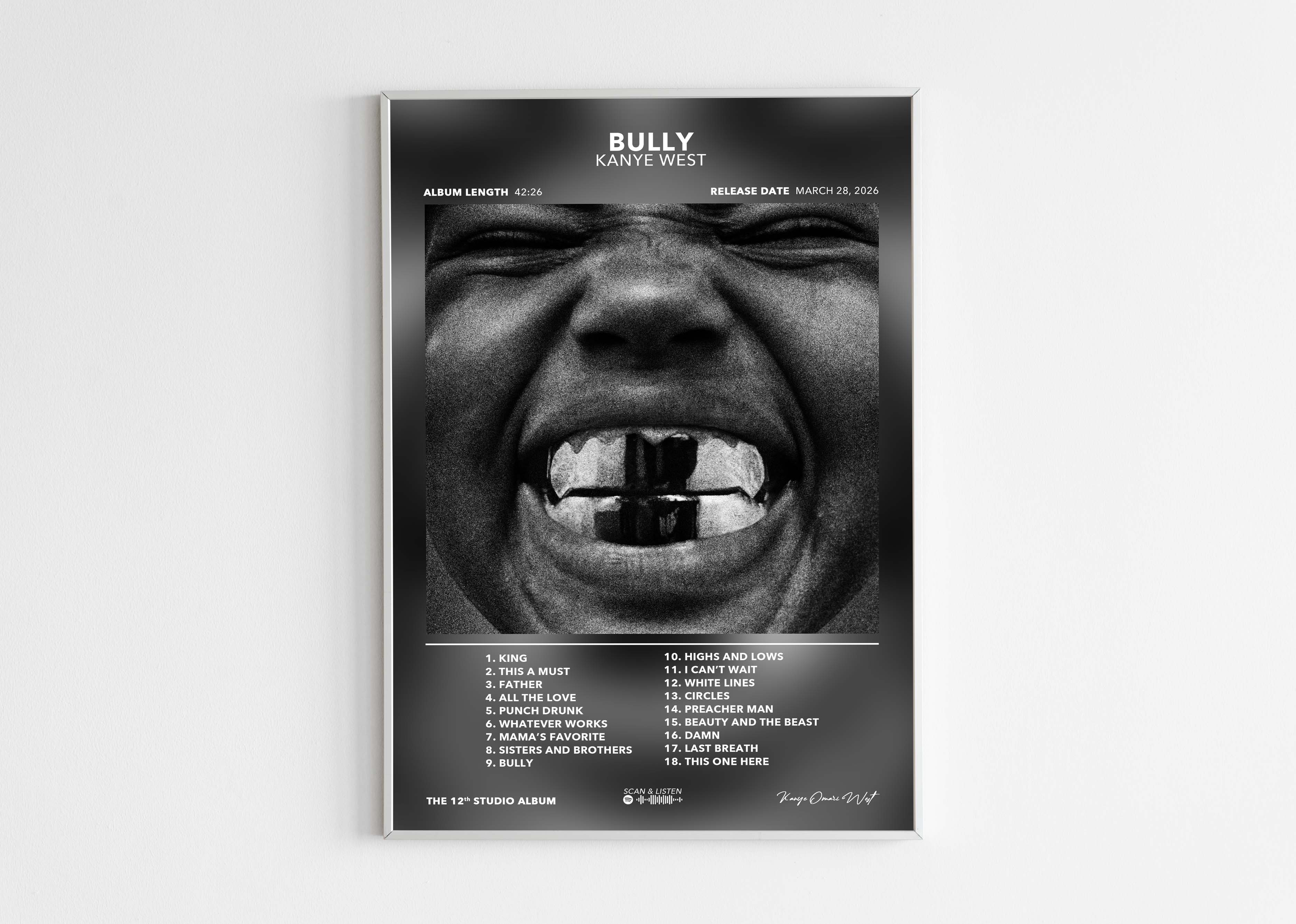 Poster minimaliste de Kanye West pour l'album Bully avec un cadre noir sur un fond blanc uni.