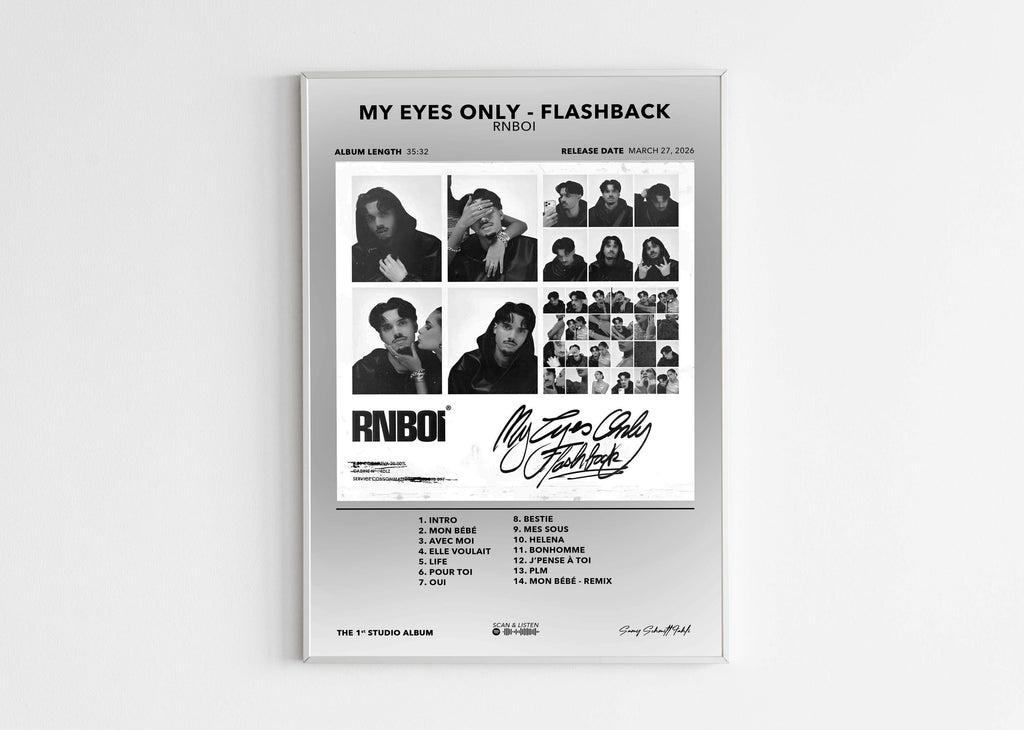 Poster de l'album My Eyes Only Flashback de RnBoi avec un cadre noir moderne sur un fond blanc neutre.